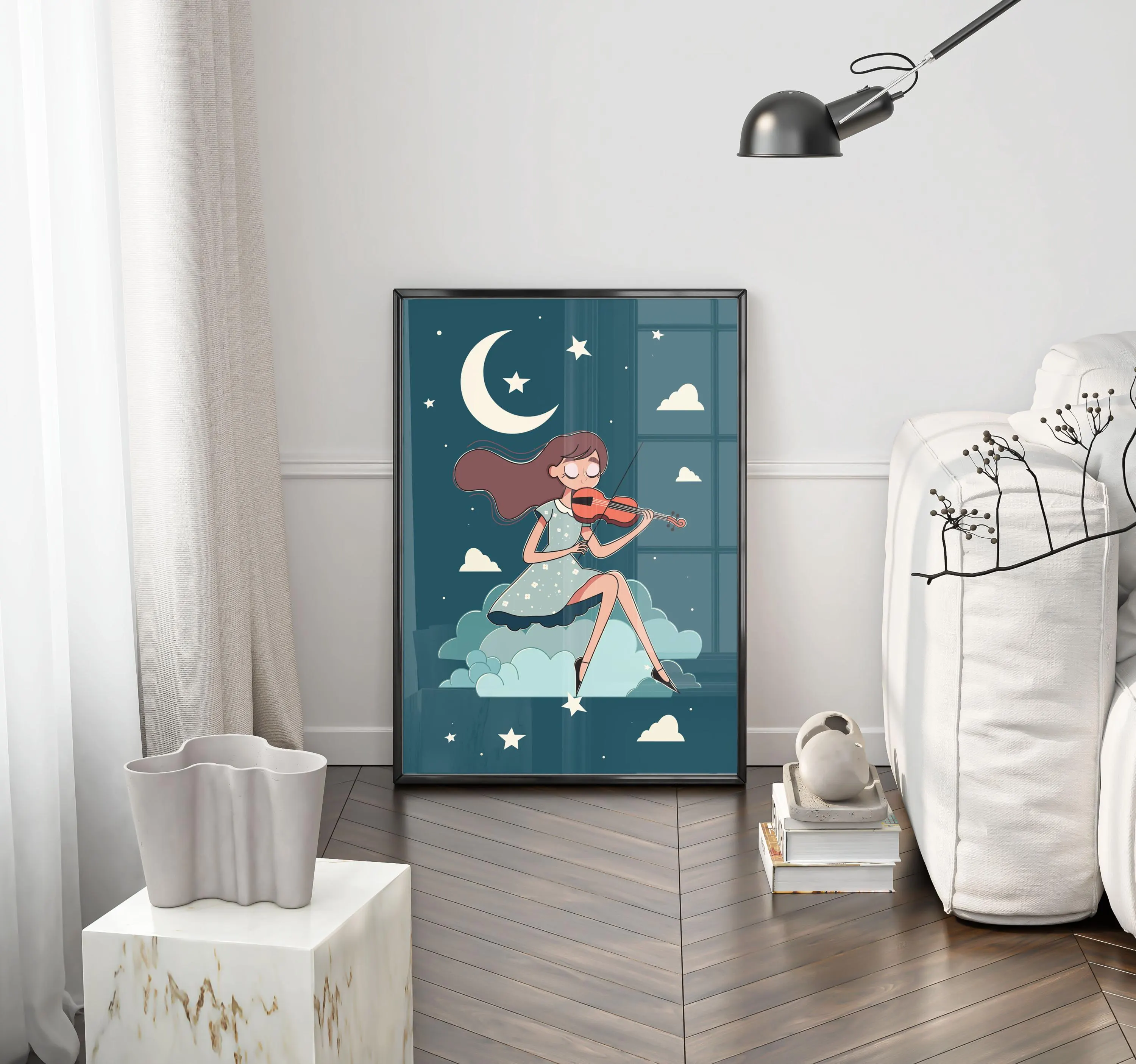 Moonlight Melody – Whimsical Violin Girl Illustration Wall Art - Tintzy - image 5