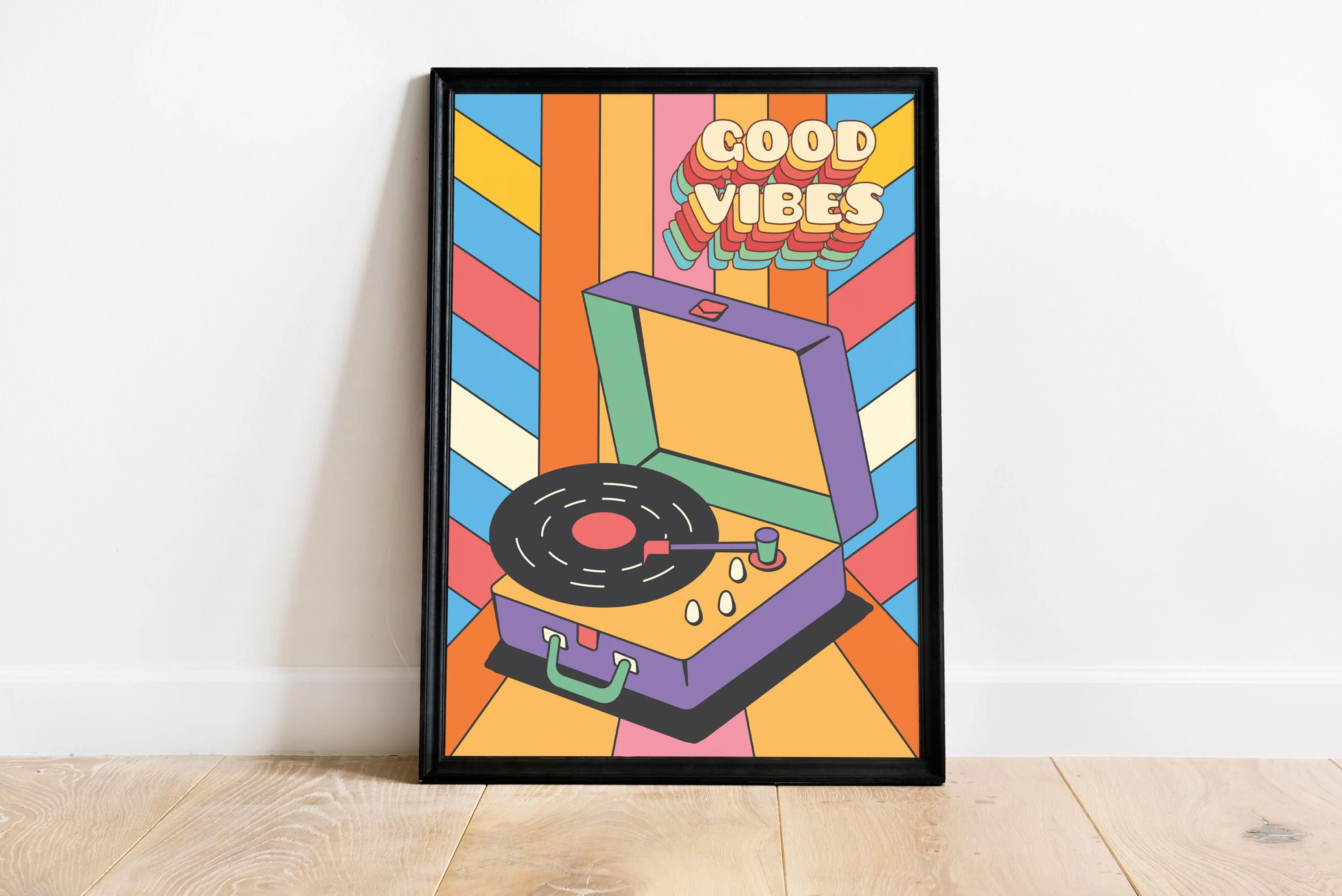 Good Vibes Retro Turntable Wall Art – Colorful Music Illustration Print - Tintzy