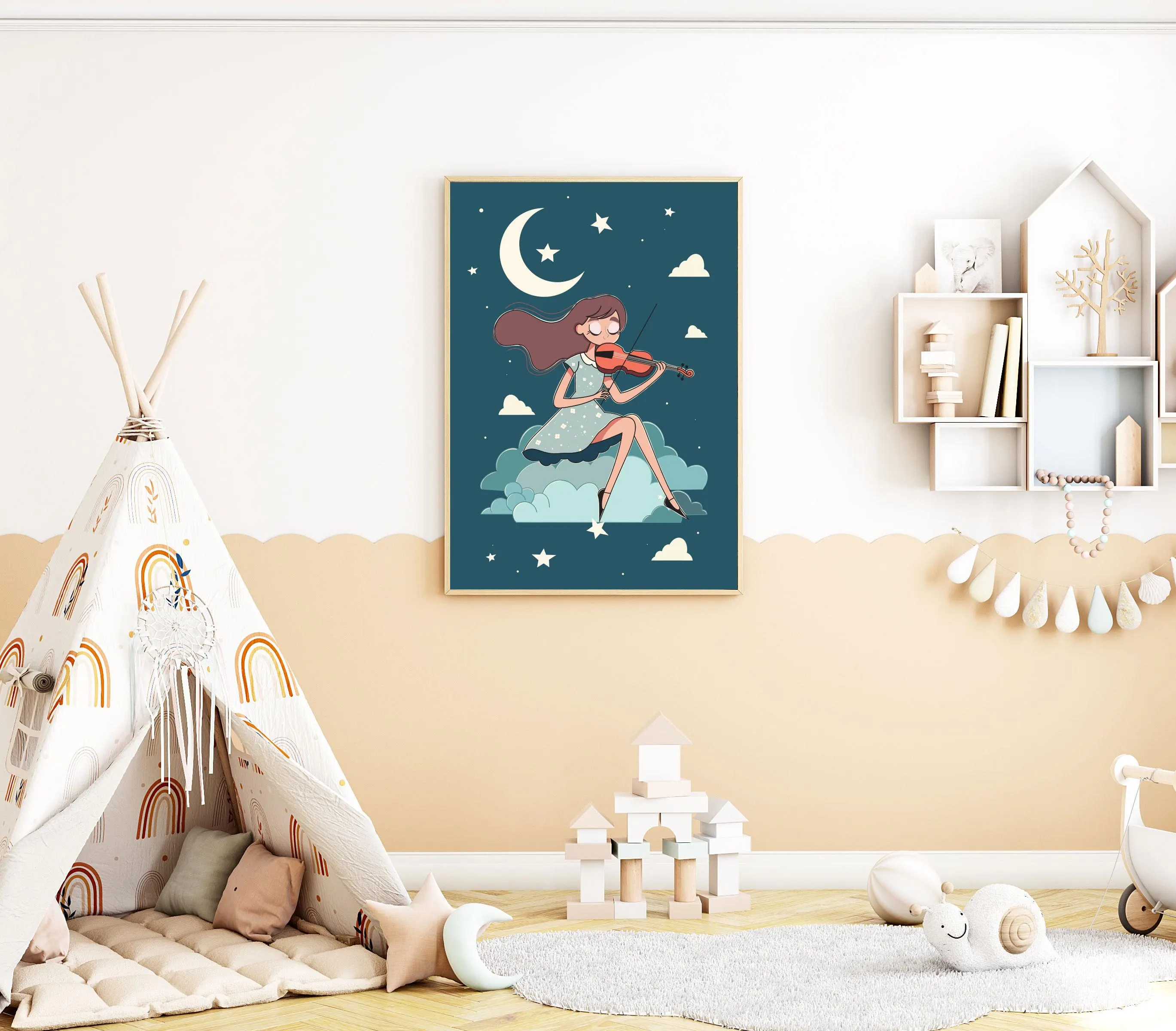 Moonlight Melody – Whimsical Violin Girl Illustration Wall Art - Tintzy - image 3