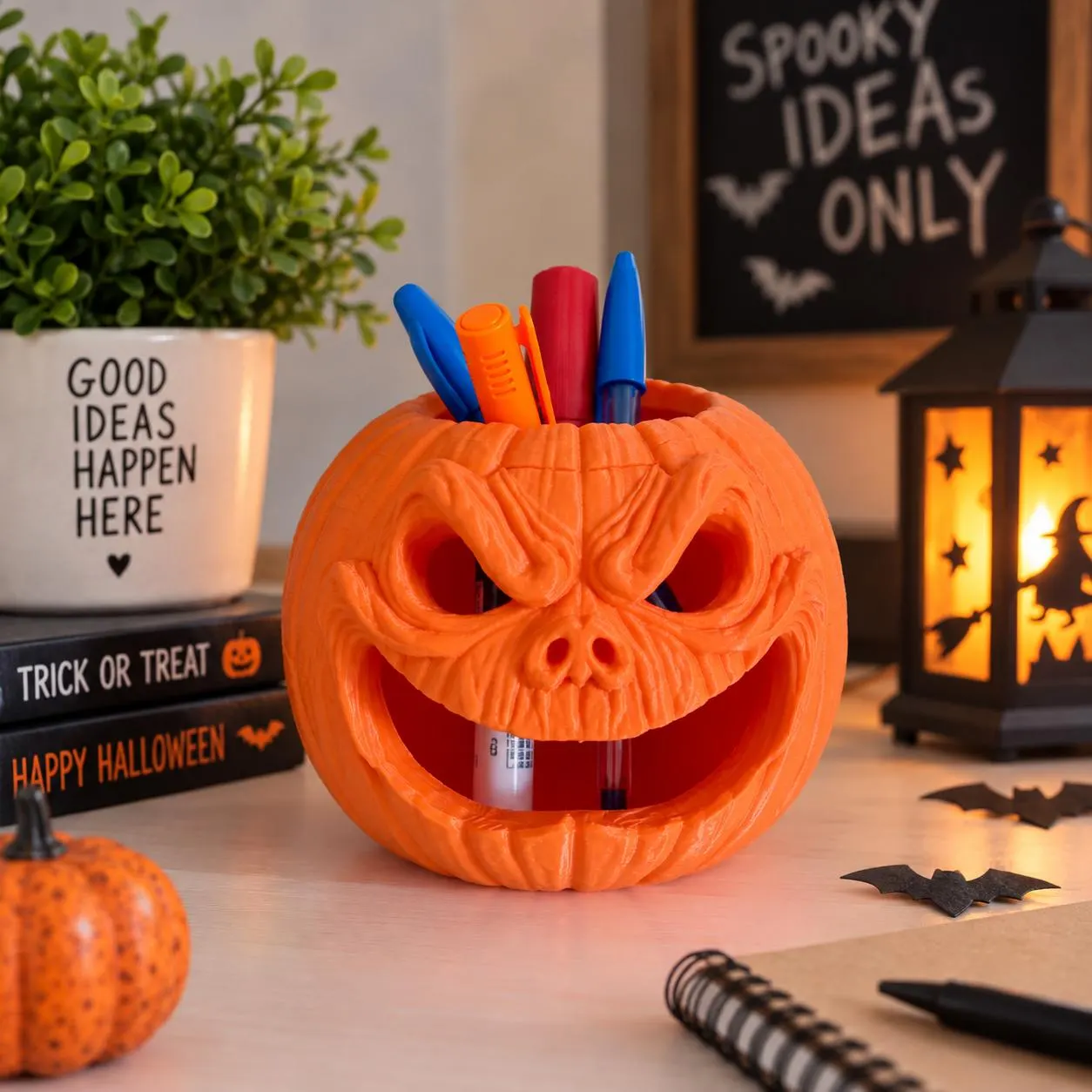 Halloween Pencil Holder, Gothic Desk Decor, Pumpkin Desk Organizer, Spooky Office Supplies, 3D Printed Scary Carved Face