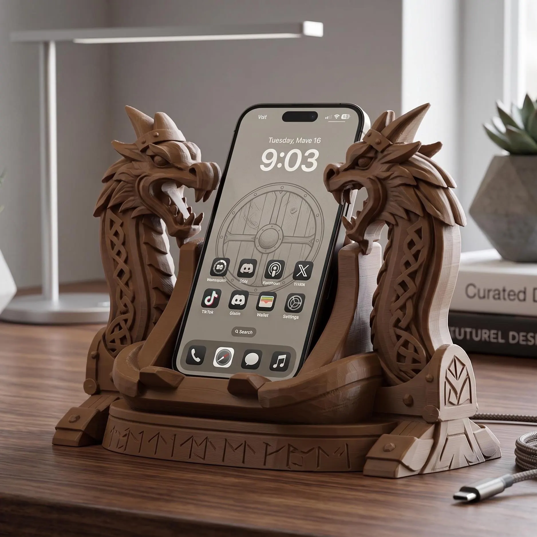 Viking Dragon Phone Stand 3D Printed Smartphone Dock Nordic Desk Charger Holder Fits Most Phone Sizes Fantasy Decor Gift