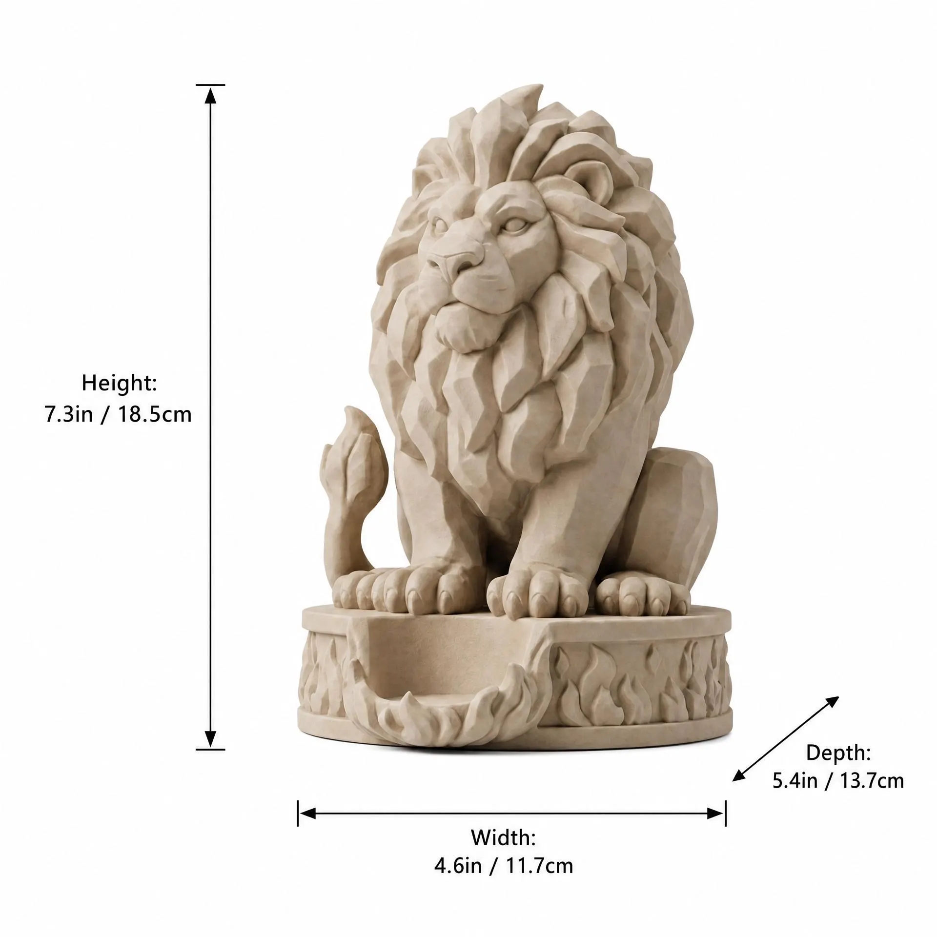 Specification card showing the lion statue candle holder measured at 7.3 inches or 18.5 centimetres tall, 4.6 inches or 11.7 centimetres wide, and 5.4 inches or 13.7 centimetres deep.