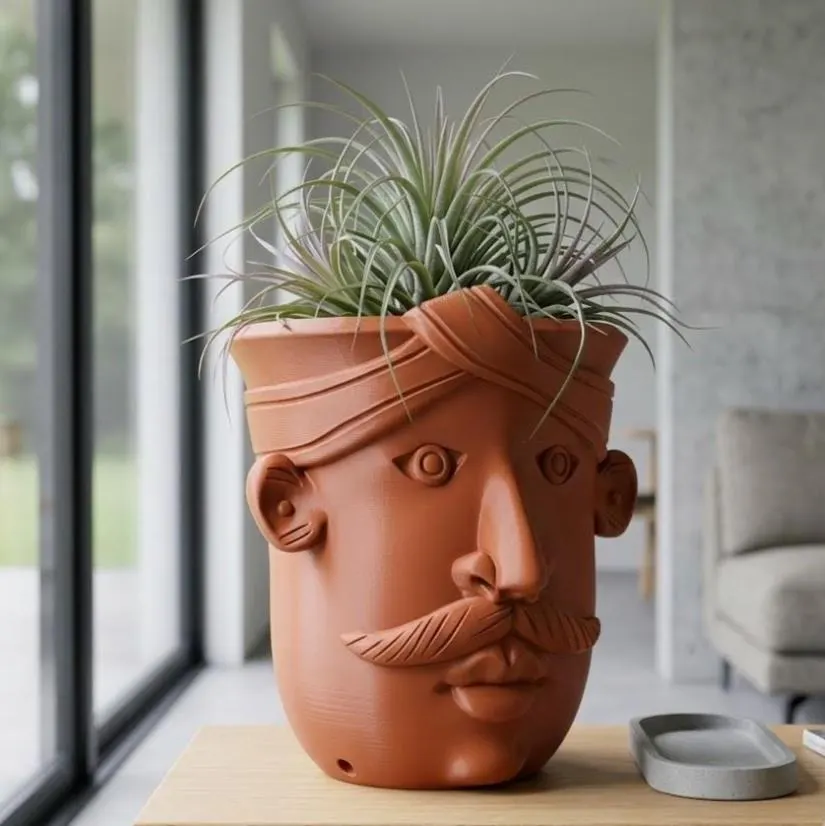 Mustache Man Face Planter | Terracotta Head Pot with Headwrap | 3D Printed Succulent Planter | Funny Gift for Him Dad | Boho Desk Decor