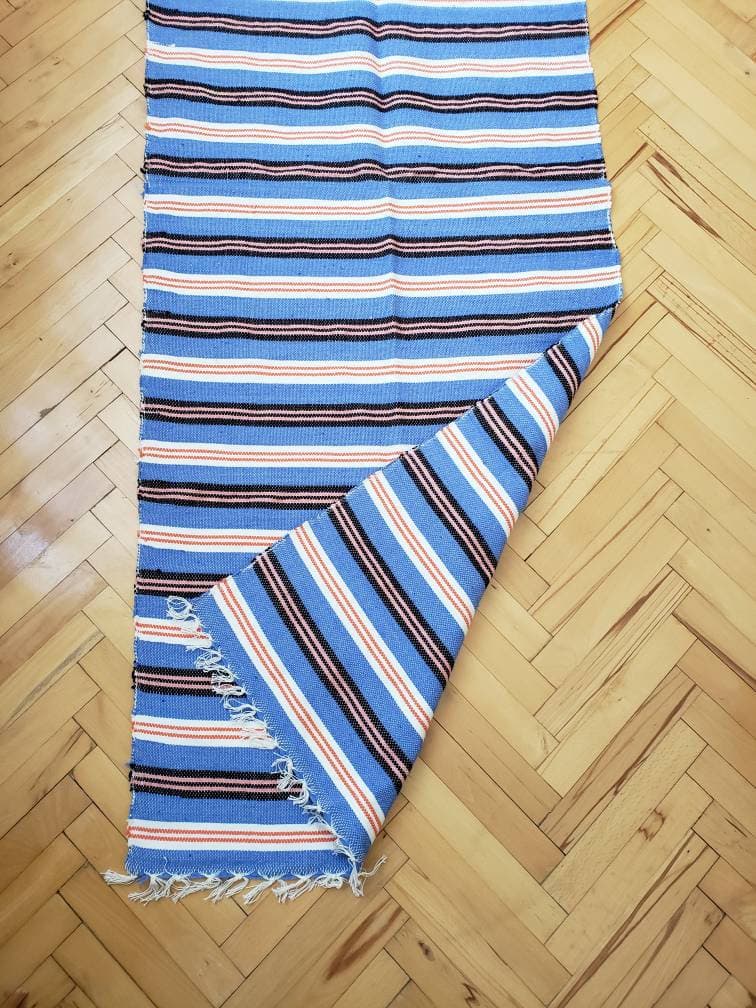 Handmade Turkish Kilim, Rug Runner Blue, Turkish Kilim, Cotton and Wool Nomadic Kilim,Cecim Striped Design, Handwowen Runner 2.5x 7 ft home - image 3
