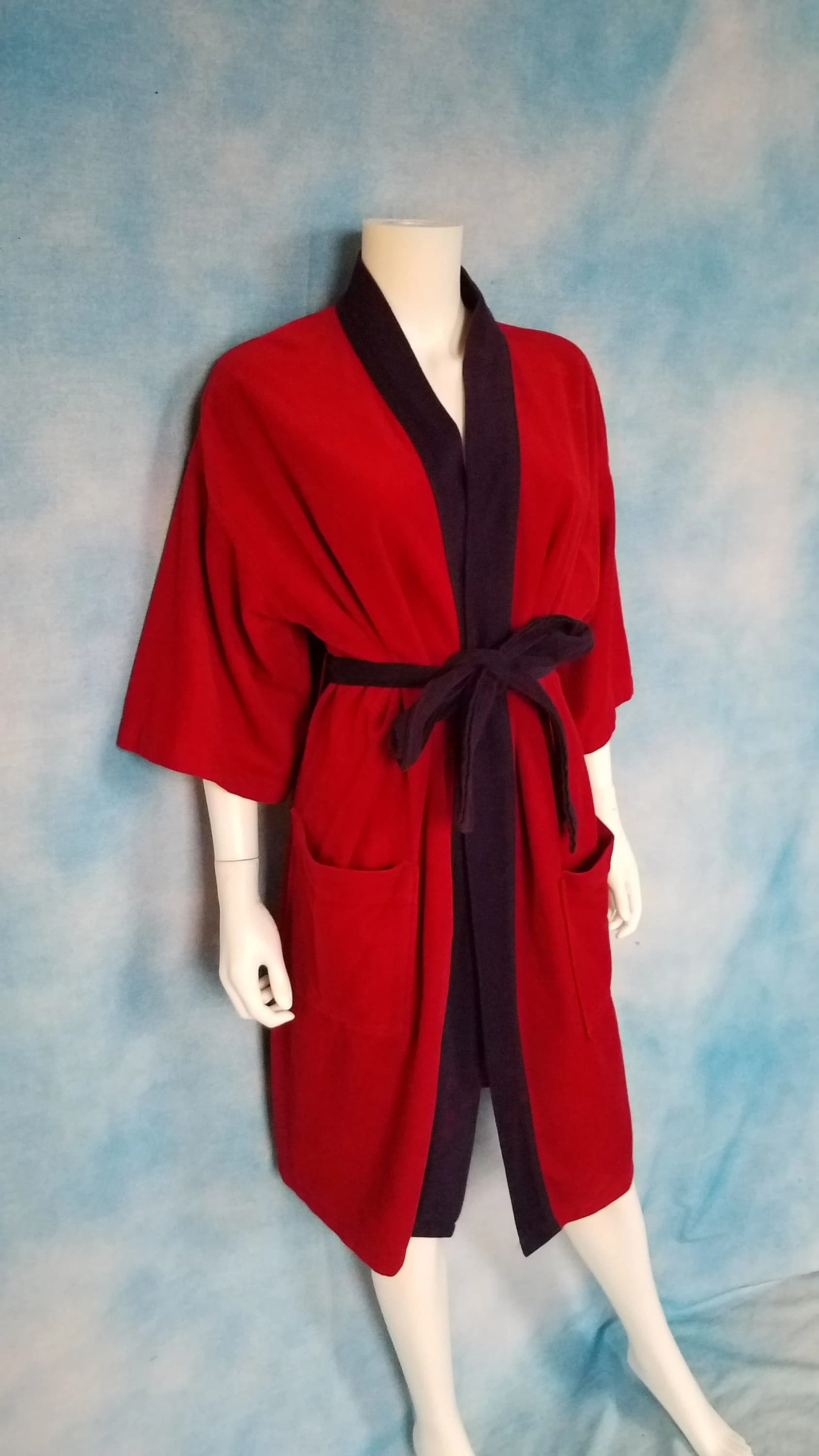 Vintage 80s Cranberry and Navy Velour Bathrobe/ After Hours by Diplomat/ One Size - image 3