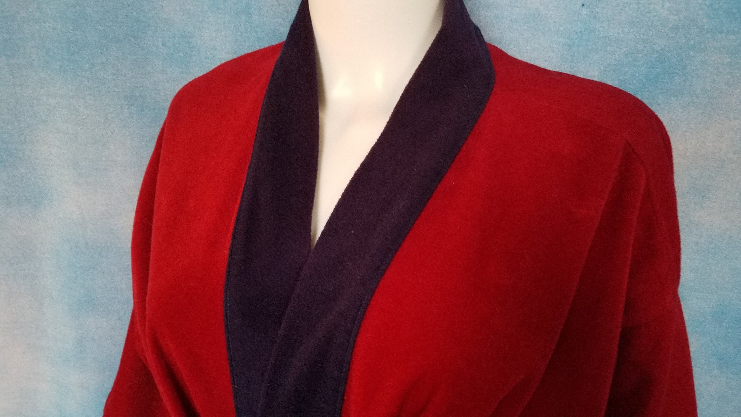 Vintage 80s Cranberry and Navy Velour Bathrobe/ After Hours by Diplomat/ One Size - image 5
