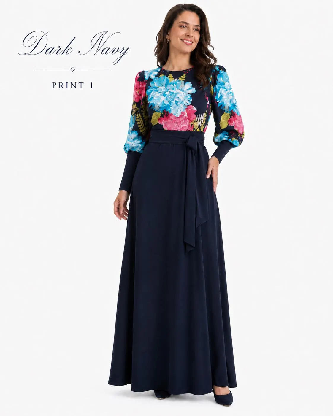 AMAL MUSLIM. Elegant Long Dress with Floral Print, Polyester Maxi Dress, Modest Dress with Long Belt, Dark Navy / Black Options, Model 66