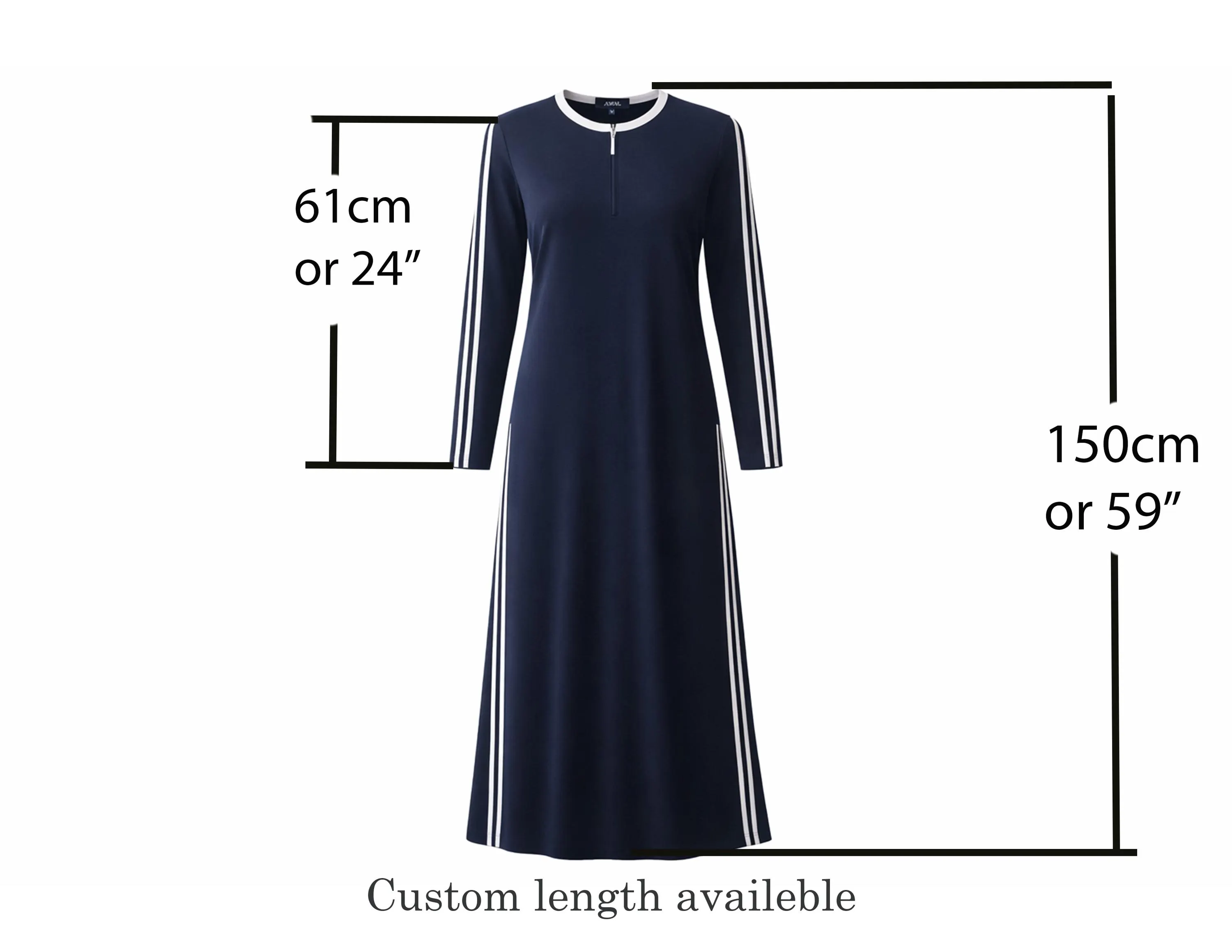 AMAL Muslim. Modest A-Line COTTON Maxi Dress in French Knit, Muslim Sport Dress with White/Black Stripes, USA. Model 145 - image 4