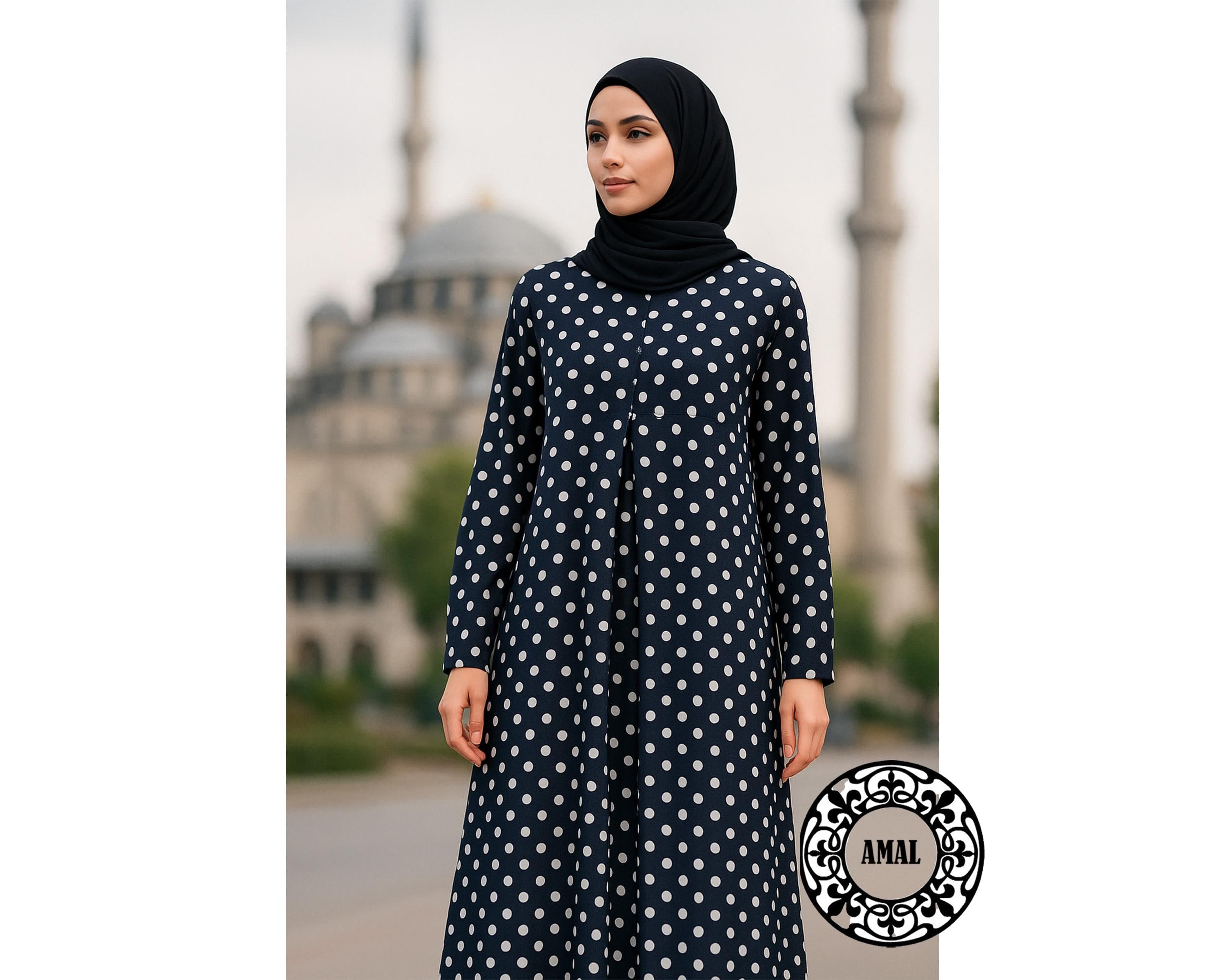 AMAL Muslim. Polka Dot ITY Maxi Dress • Modest Black Long Sleeve Dress • Muslim Abaya Style USA. Model 07