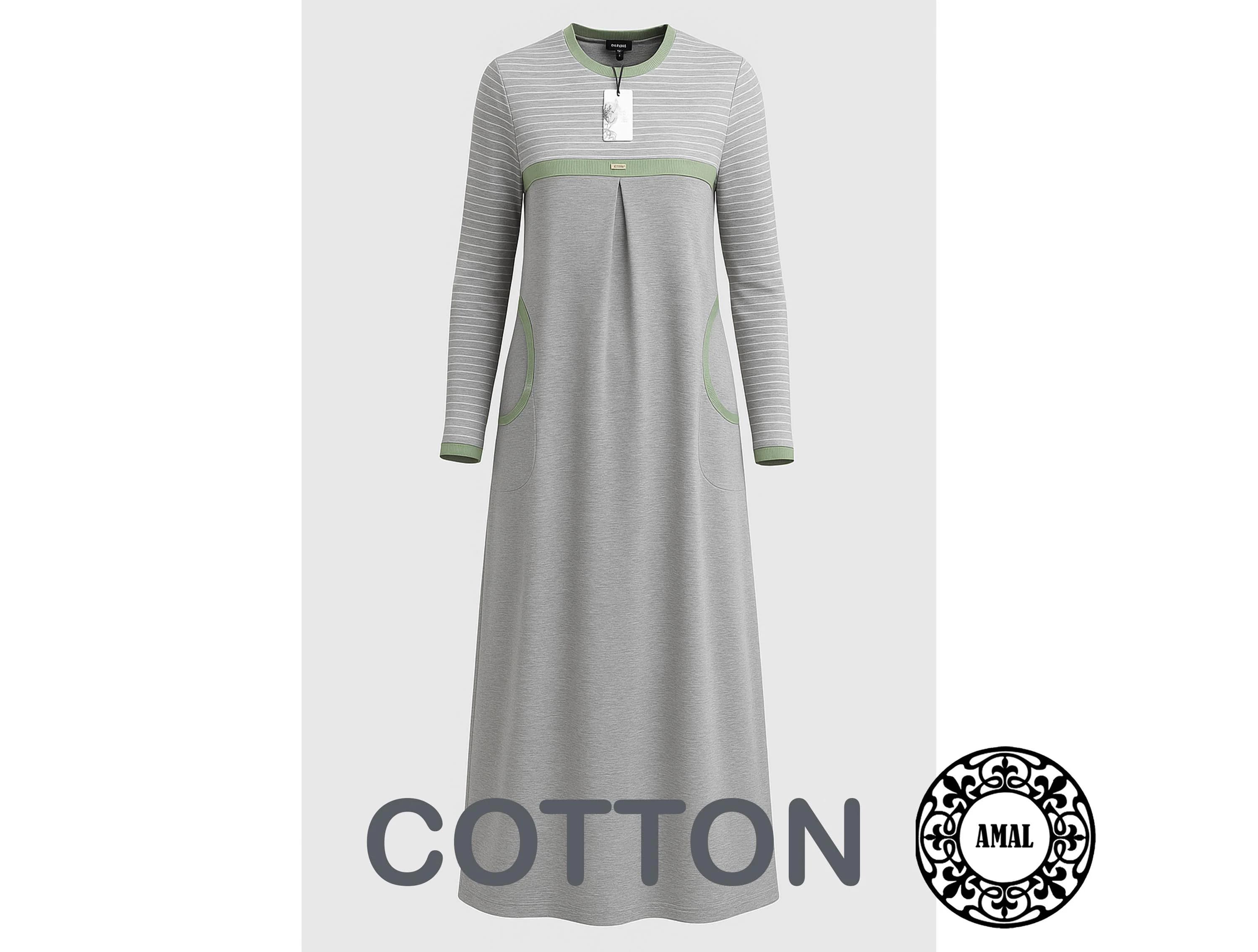 AMAL Muslim. Long-sleeved cotton-blend dress. The dress features a striped top and a modest A-line silhouette. USA. Model 70.1