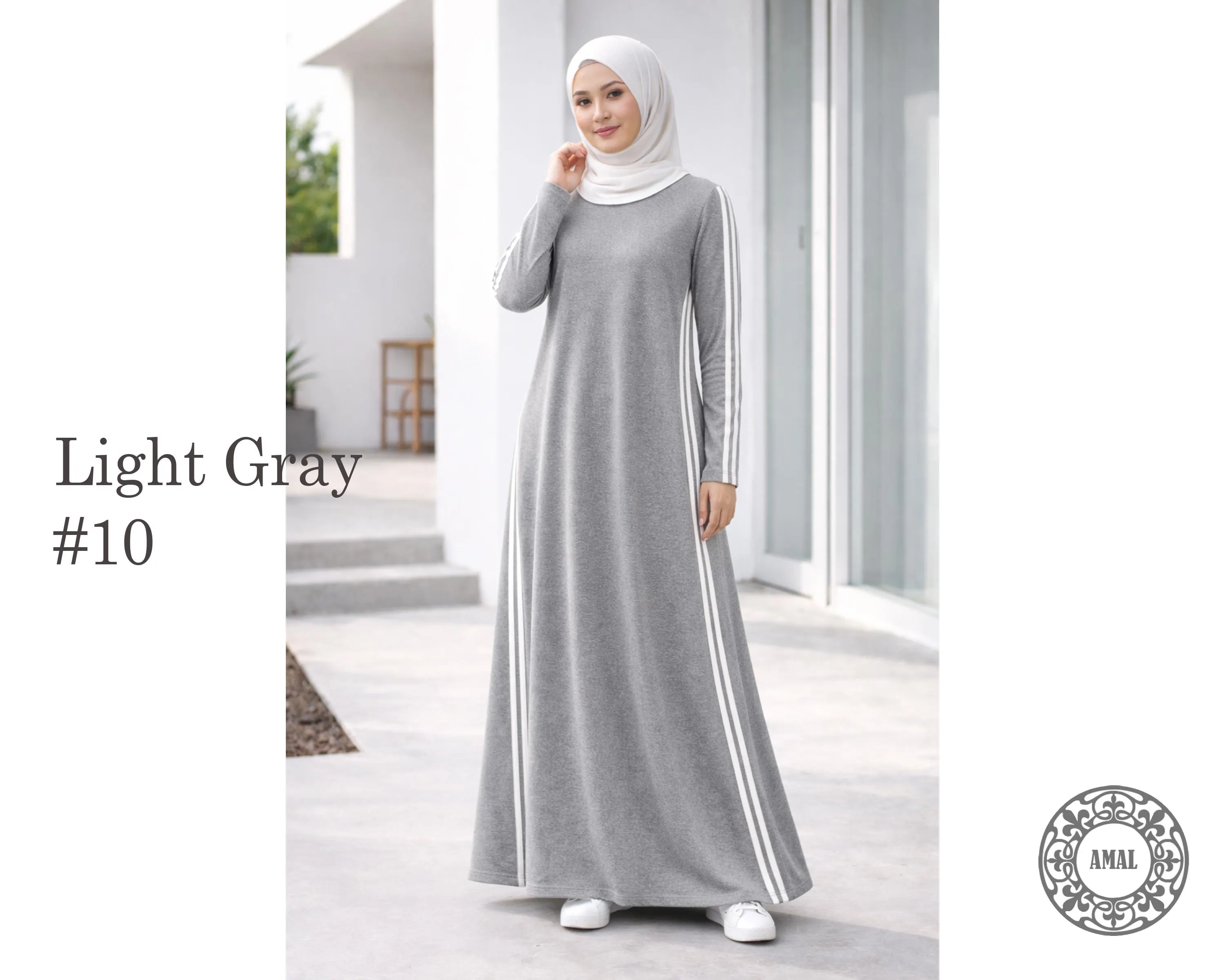 AMAL Muslim. Modest A-Line COTTON Maxi Dress in French Knit, Muslim Sport Dress with White/Black Stripes, USA. Model 145 - image 5