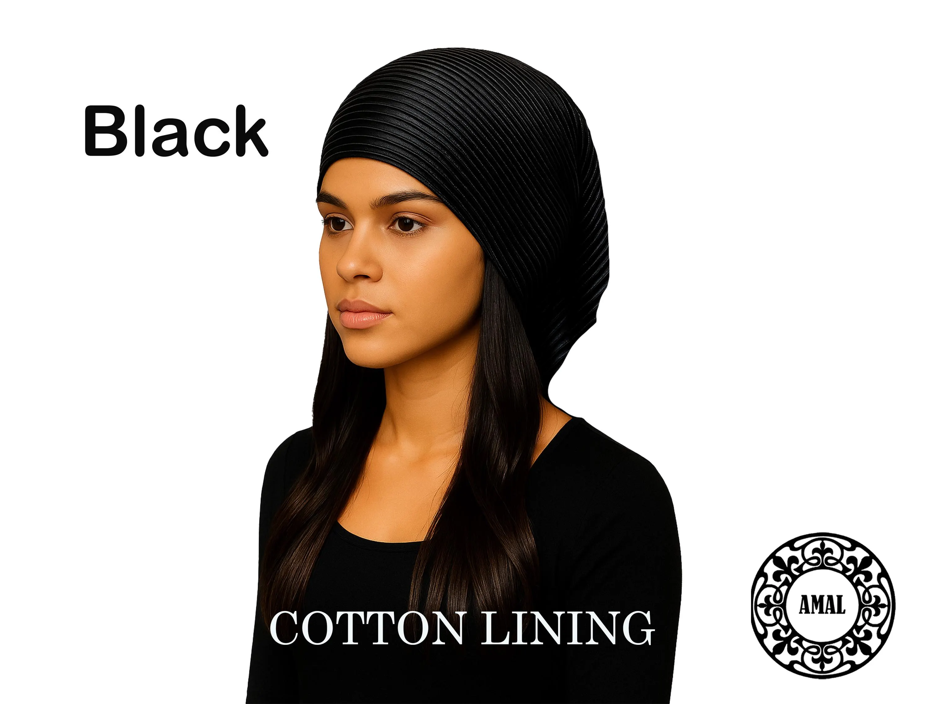 AMAL Muslim. Pleated Turban Cap with Open Back & Elastic | Lightweight Lurex Shine Headwrap | Soft Cotton Lining, USA - image 4