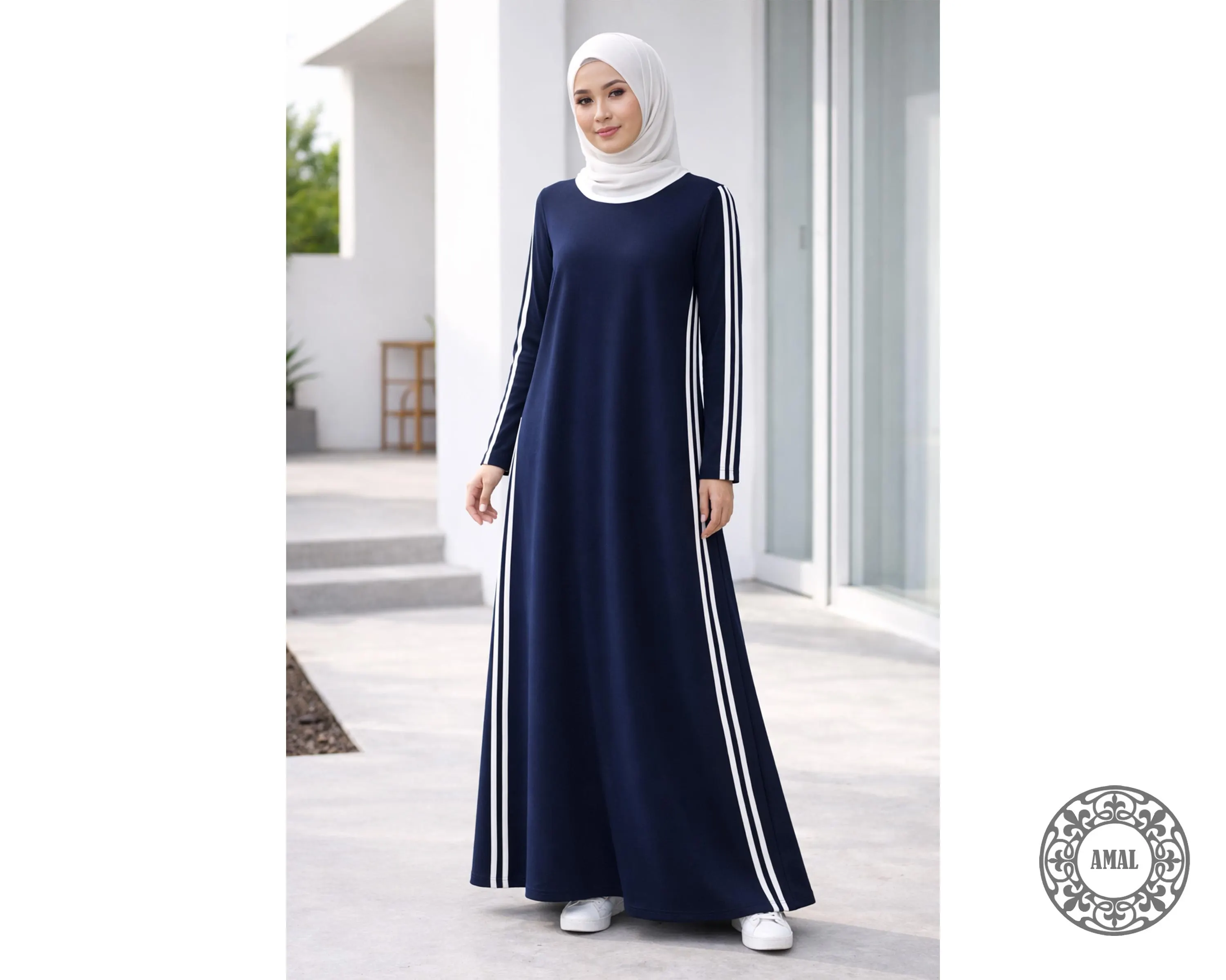 AMAL Muslim. Modest A-Line COTTON Maxi Dress in French Knit, Muslim Sport Dress with White/Black Stripes, USA. Model 145