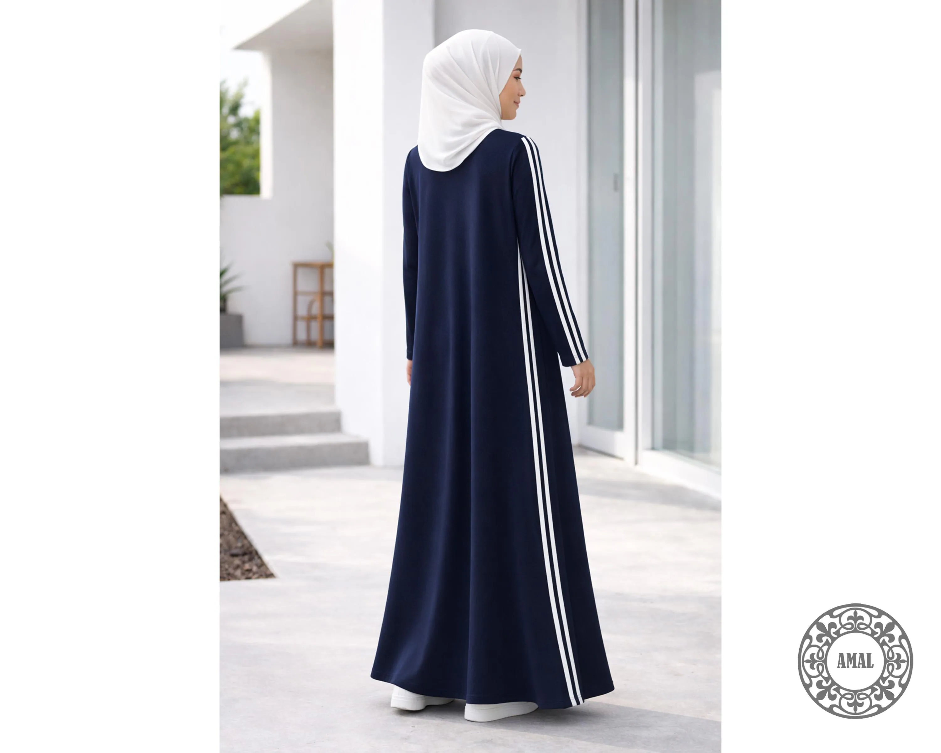 AMAL Muslim. Modest A-Line COTTON Maxi Dress in French Knit, Muslim Sport Dress with White/Black Stripes, USA. Model 145 - image 3