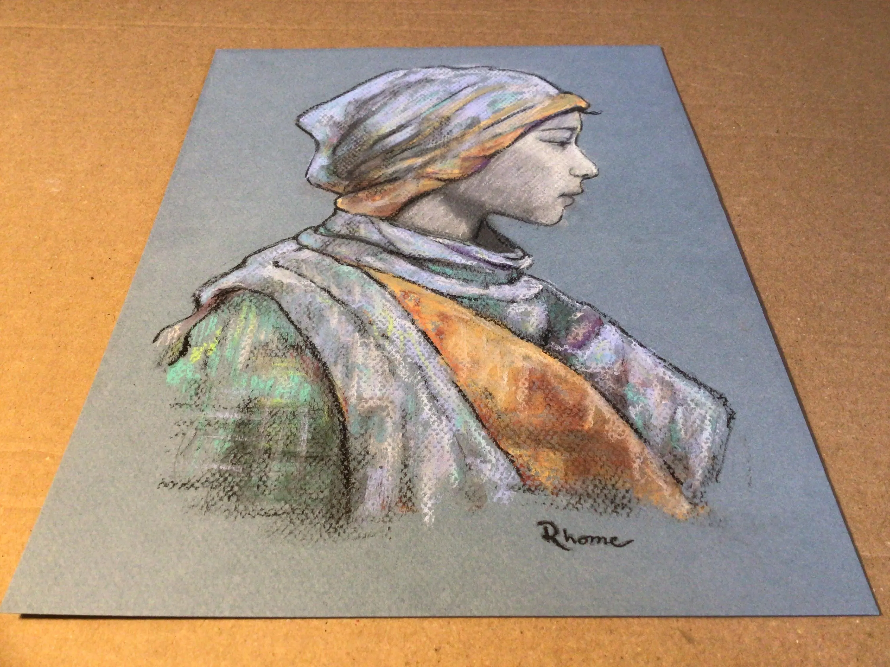 Profile Portrait of Muslim Girl, Colored Pastel and Charcoal Drawing by Rhome, 9 x 12, Original Art, Not a Print - image 3