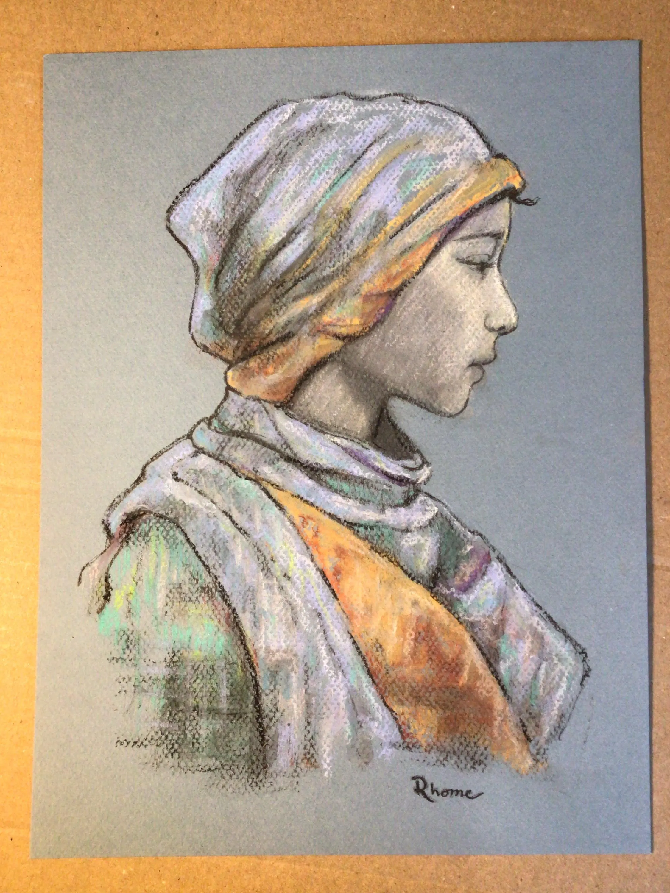 Profile Portrait of Muslim Girl, Colored Pastel and Charcoal Drawing by Rhome, 9 x 12, Original Art, Not a Print - image 2