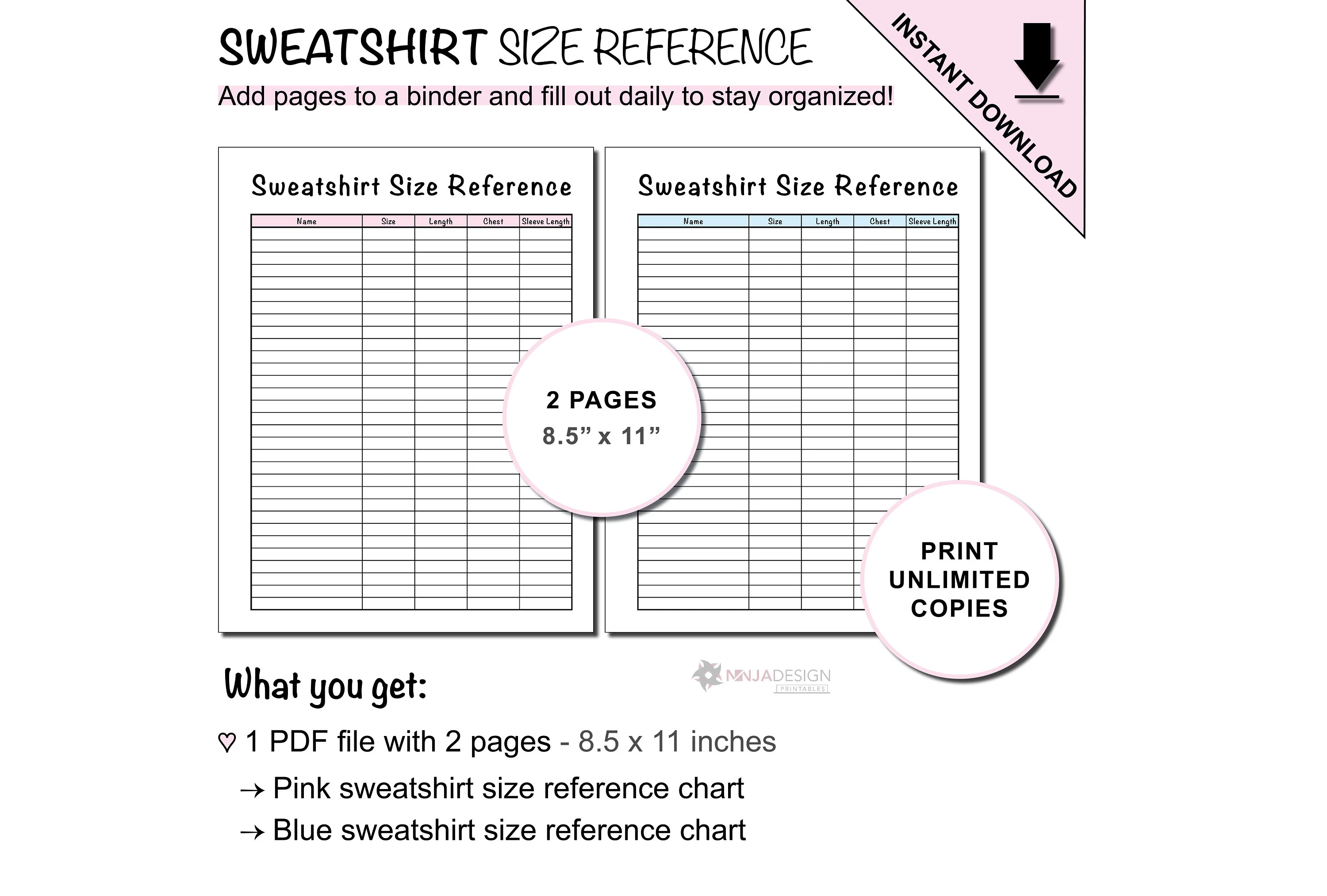 Printable Sweatshirt Size Reference Chart Tracker Sheet for Small Businesses