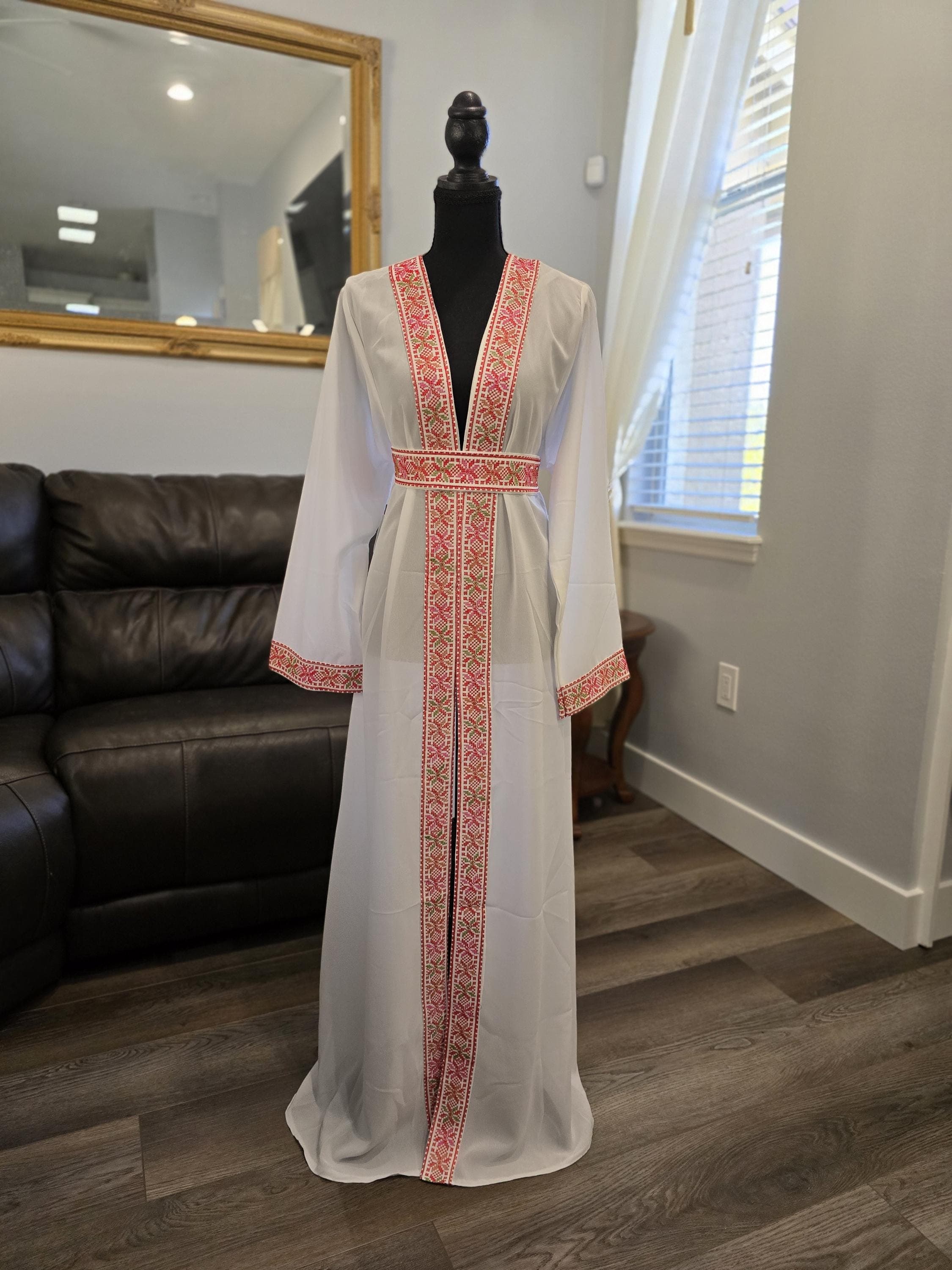 white Chiffon Abaya with Red and colored Tatreez Embroidery, Belted Kaftan Thobe