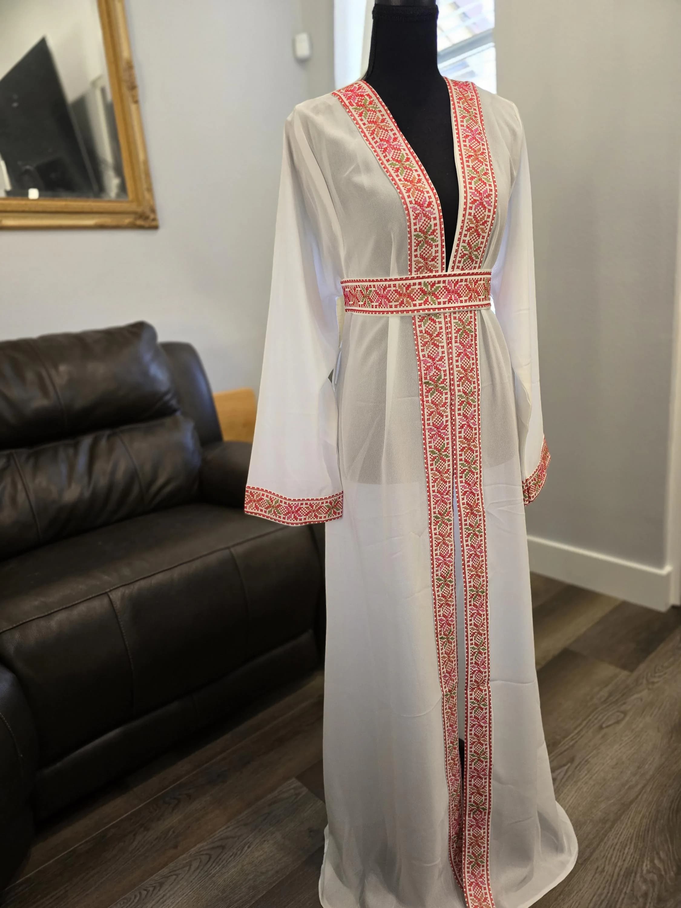white Chiffon Abaya with Red and colored Tatreez Embroidery, Belted Kaftan Thobe - image 2