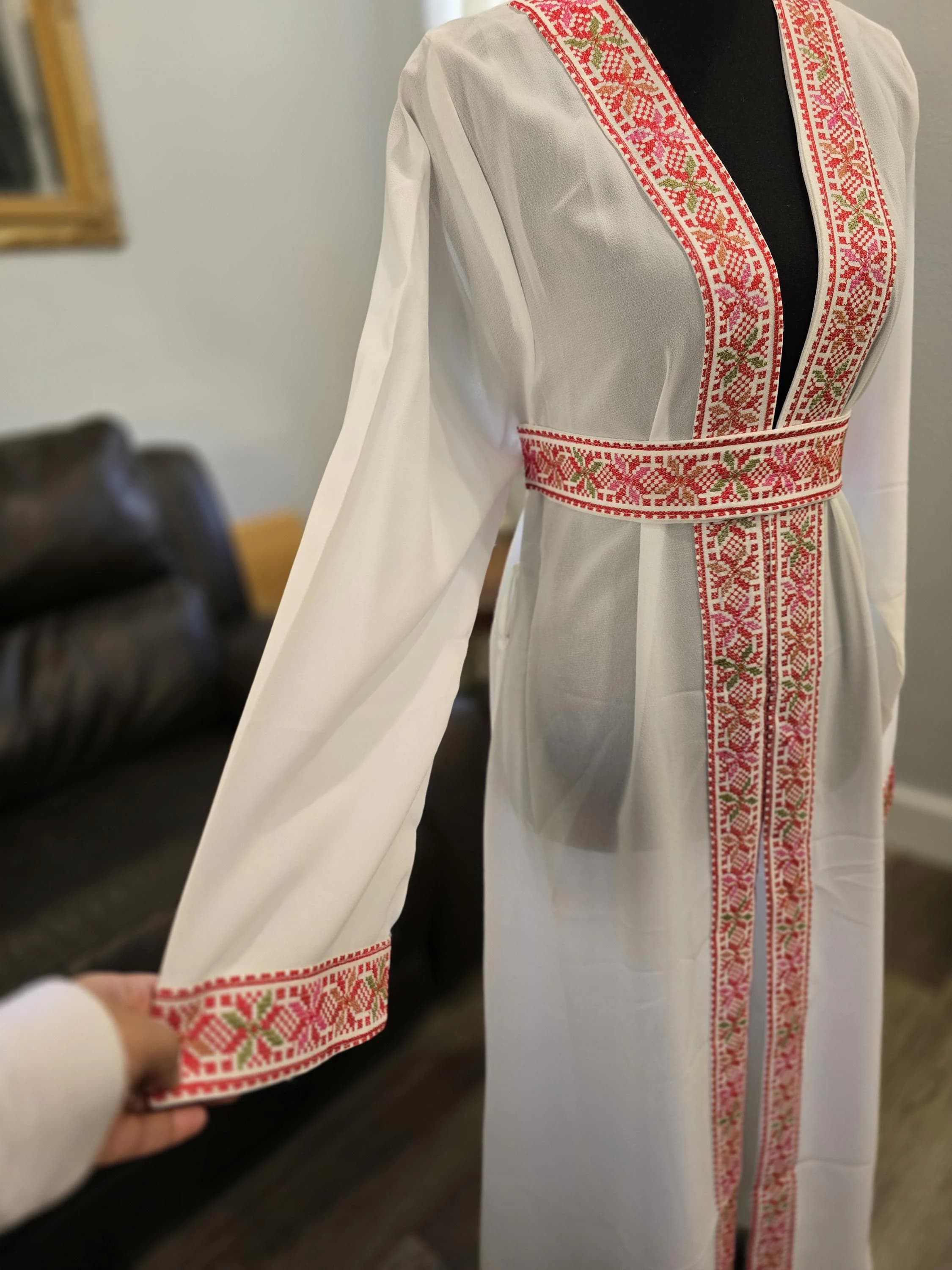 white Chiffon Abaya with Red and colored Tatreez Embroidery, Belted Kaftan Thobe - image 5