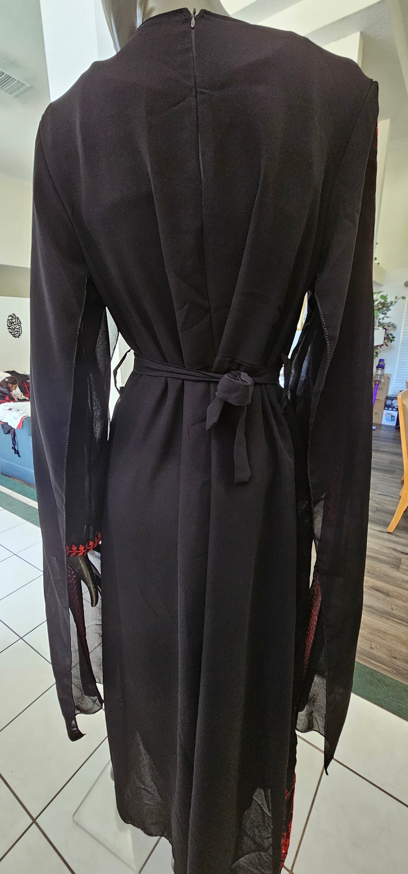 An Elegant Black Jordanian Palestinian Thobe Dress Kaftan Abaya with Red Embroidery tatreez from the front and cape on sleeves with a belt