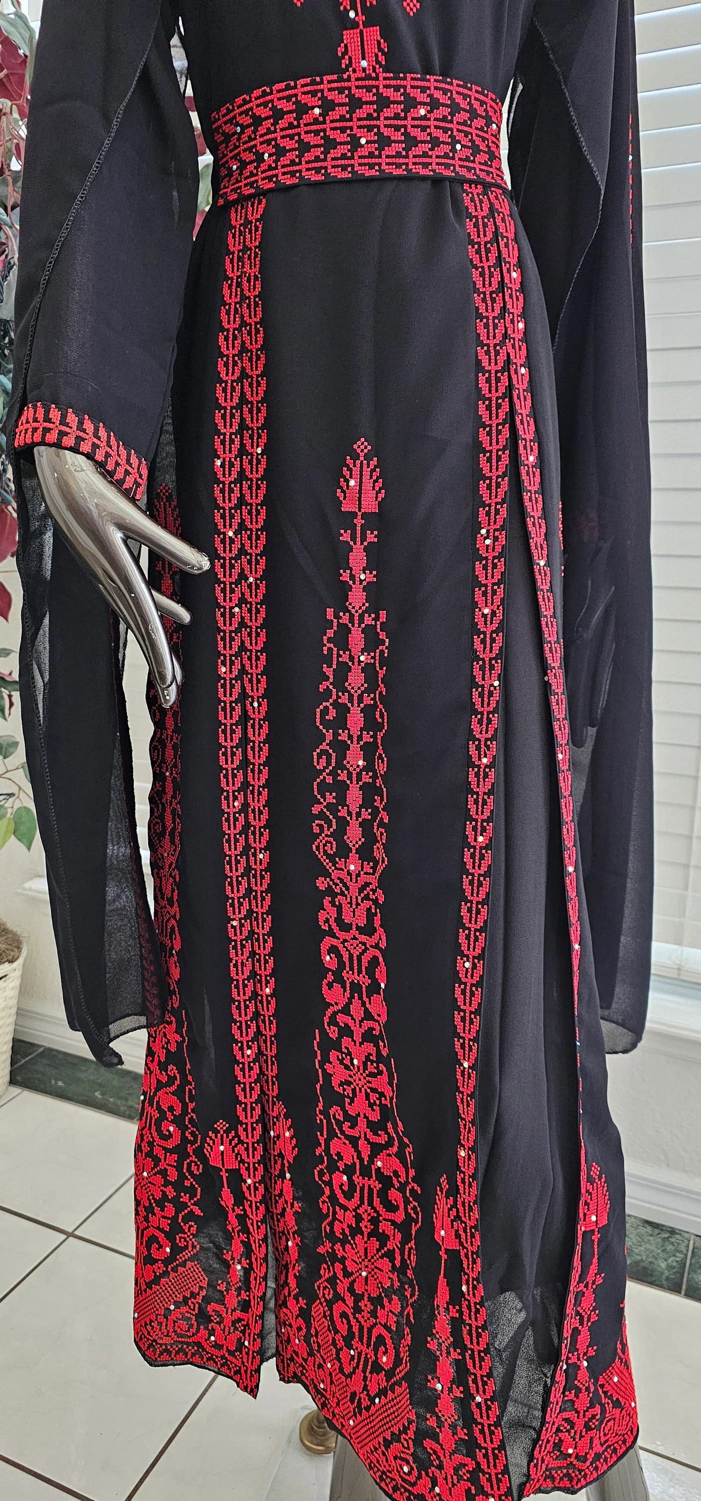 An Elegant Black Jordanian Palestinian Thobe Dress Kaftan Abaya with Red Embroidery tatreez from the front and cape on sleeves with a belt