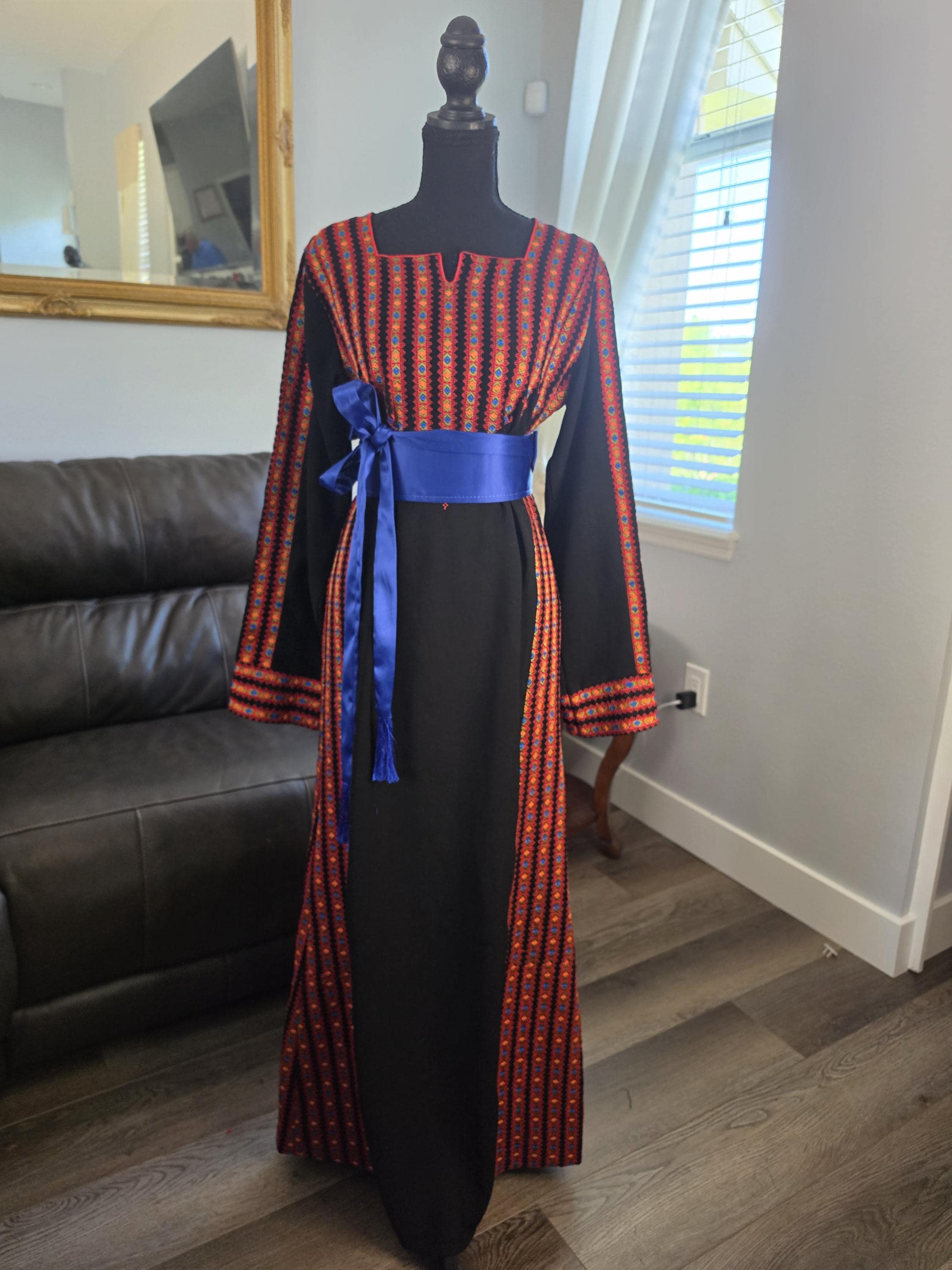 Palestinian Jordanian Black and red Tatreez Thobe with Satin Belt | Traditional Embroidered Thobe Dress