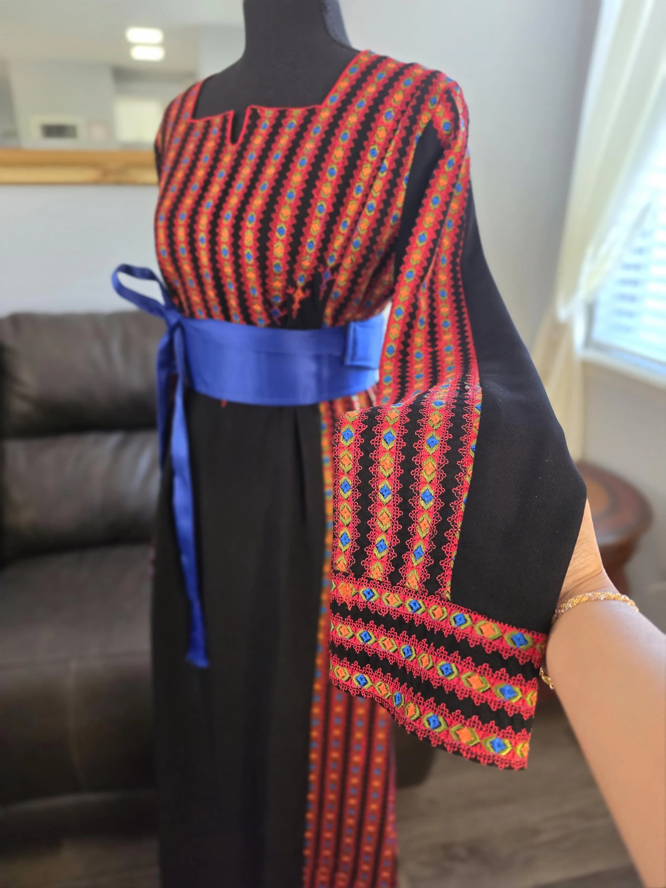 Palestinian Jordanian Black and red Tatreez Thobe with Satin Belt | Traditional Embroidered Thobe Dress - image 5