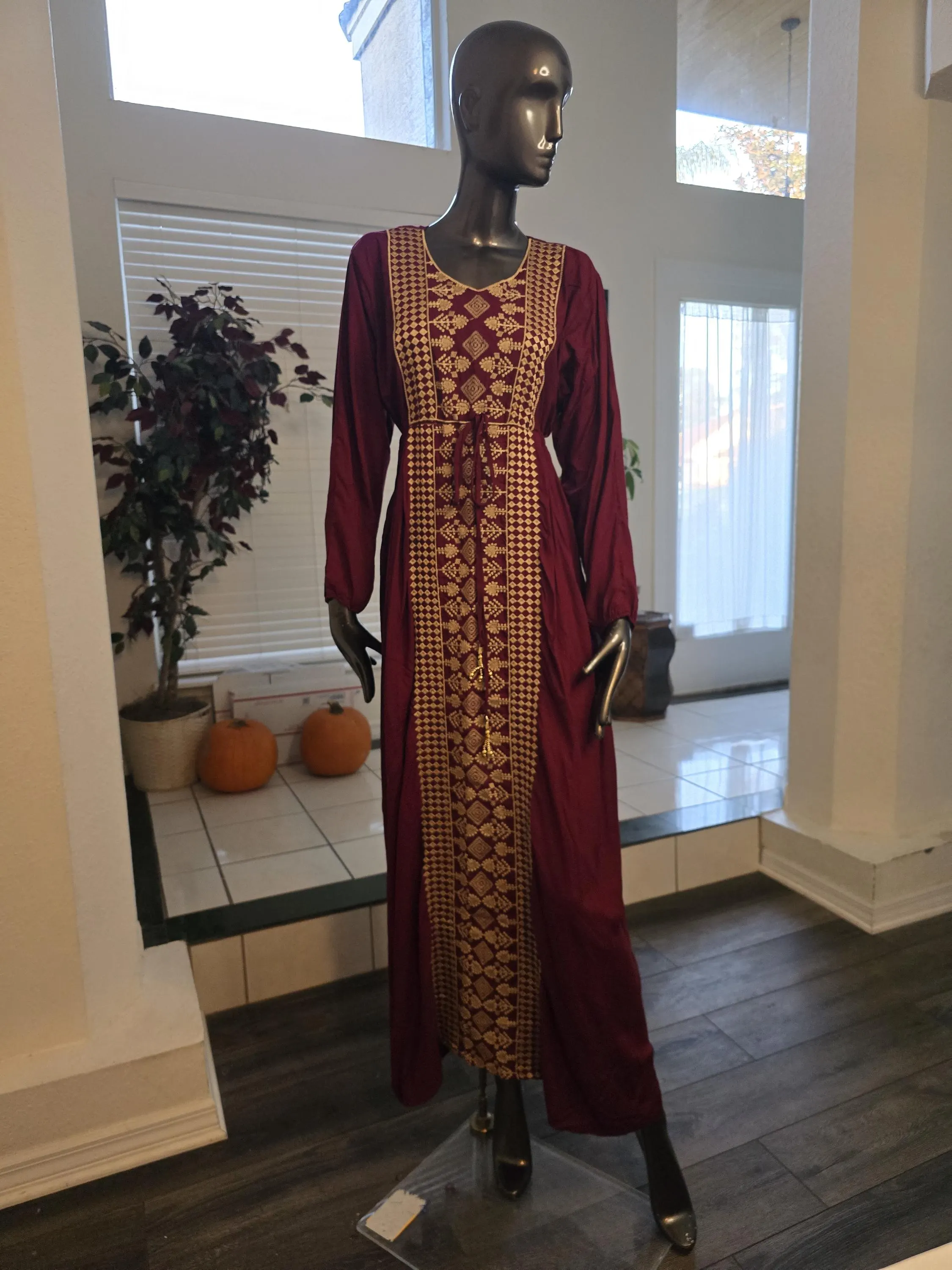 Embroidered Burgundy Abaya Dress, Golden Tatreez, Long Sleeve Kaftan