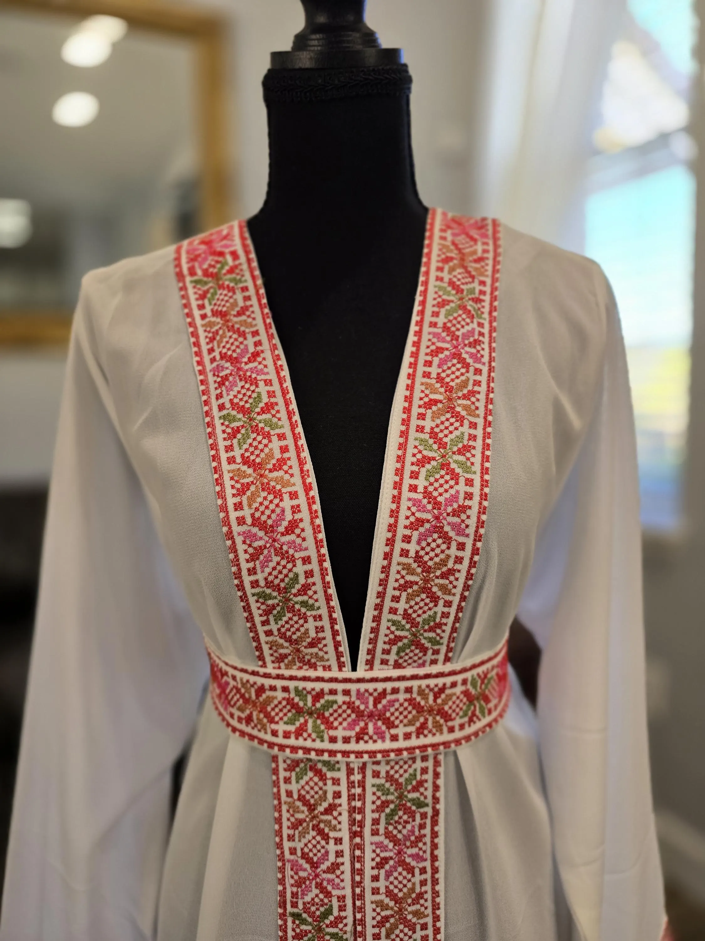 white Chiffon Abaya with Red and colored Tatreez Embroidery, Belted Kaftan Thobe - image 3