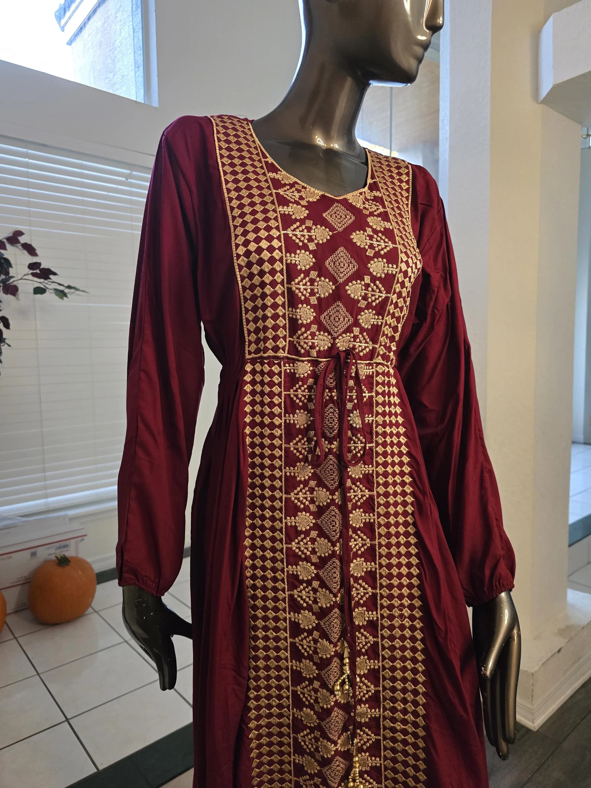 Embroidered Burgundy Abaya Dress, Golden Tatreez, Long Sleeve Kaftan - image 4