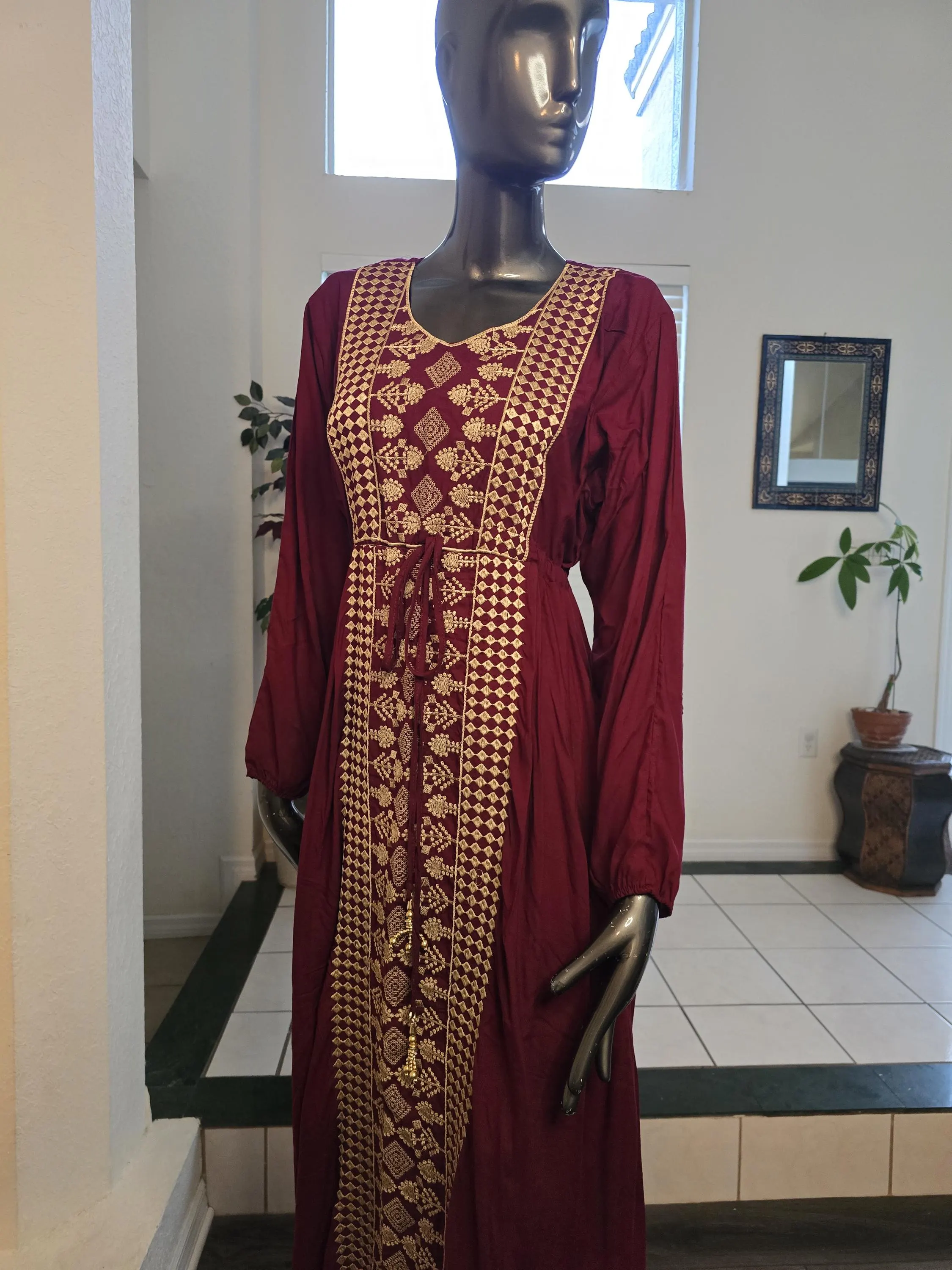 Embroidered Burgundy Abaya Dress, Golden Tatreez, Long Sleeve Kaftan - image 3