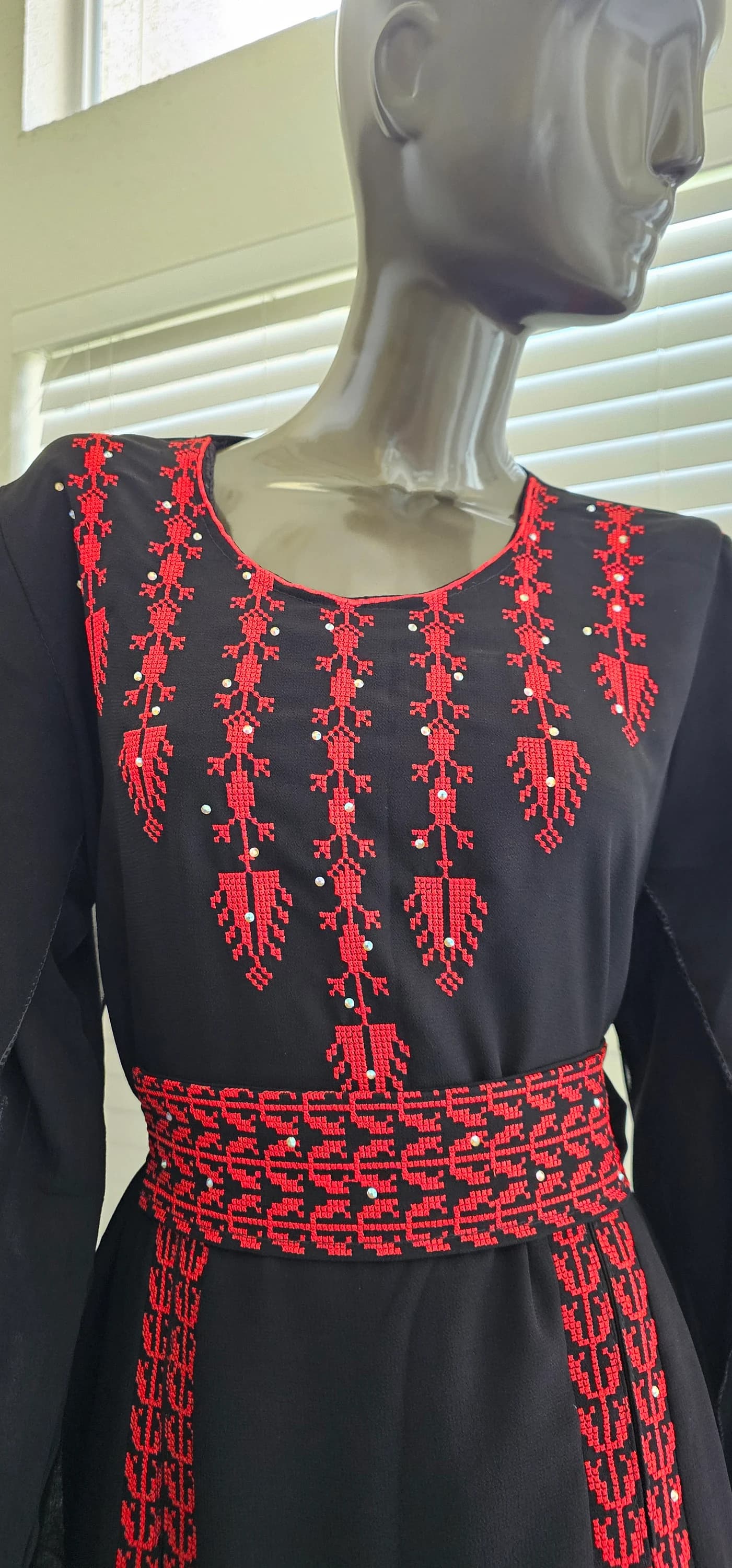 An Elegant Black Jordanian Palestinian Thobe Dress Kaftan Abaya with Red Embroidery tatreez from the front and cape on sleeves with a belt