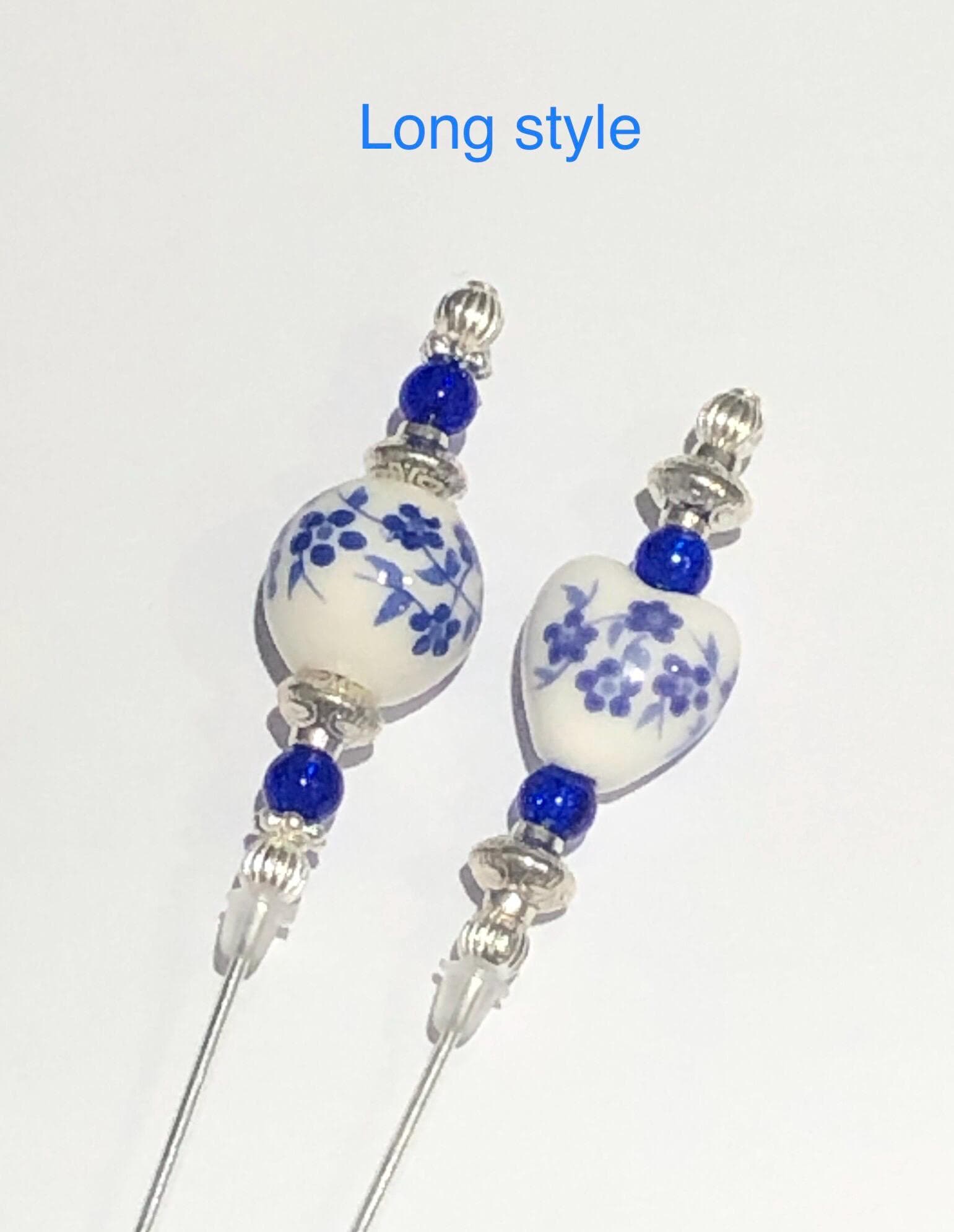 Blue flower pattern porcelain and silver hat pins/lapel pins /hijab pins/brooch pins: 2 beautiful designs in 2 lengths - image 4