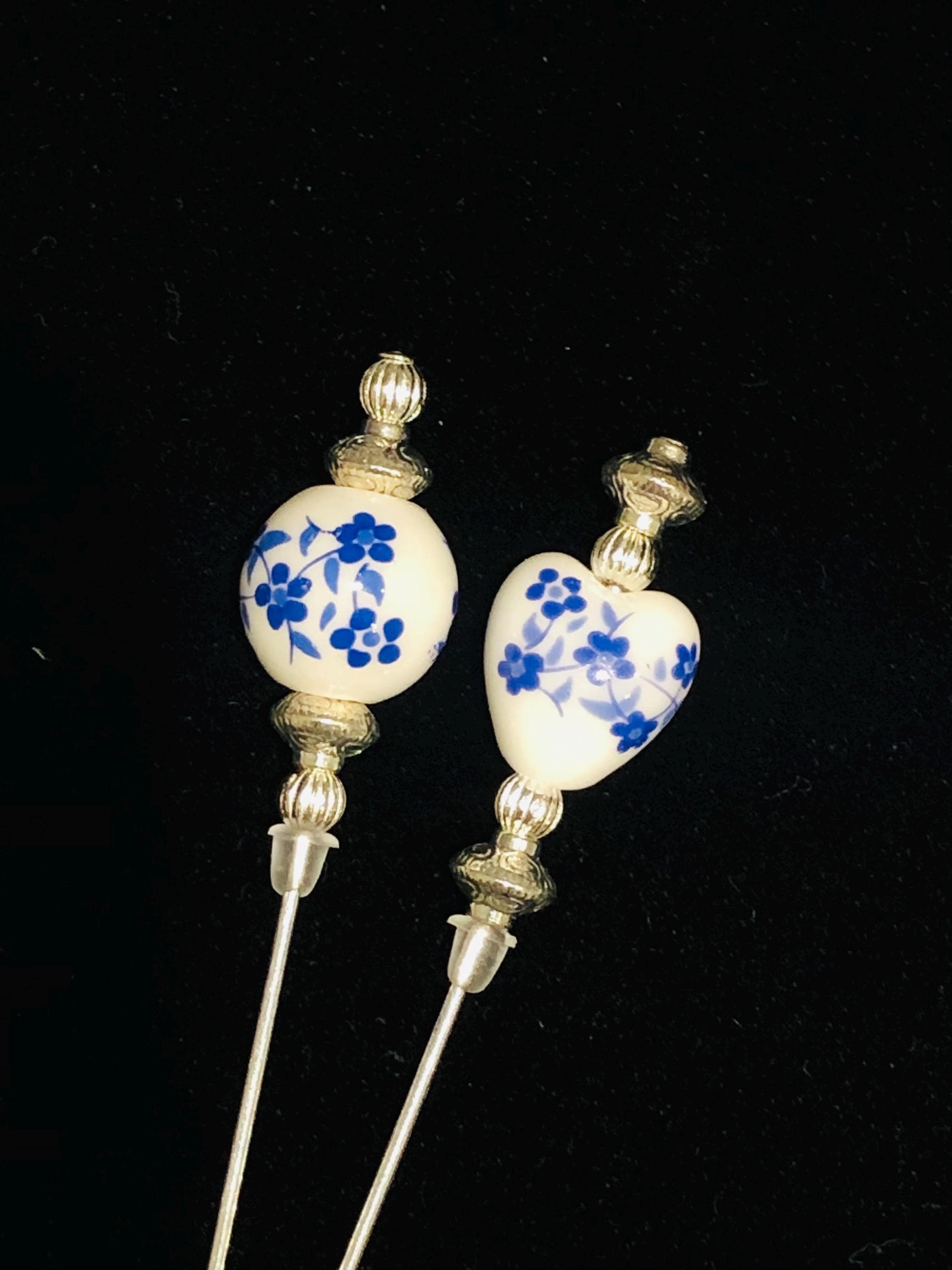 Blue flower pattern porcelain and silver hat pins/lapel pins /hijab pins/brooch pins: 2 beautiful designs in 2 lengths - image 3