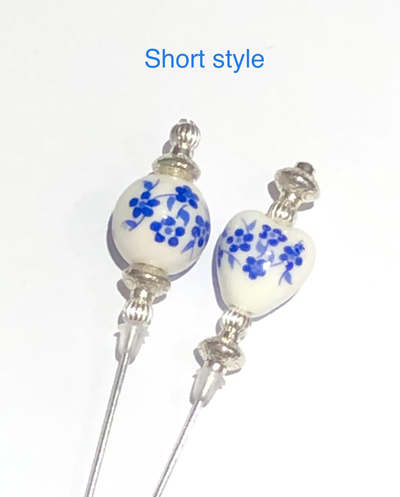 Blue flower pattern porcelain and silver hat pins/lapel pins /hijab pins/brooch pins: 2 beautiful designs in 2 lengths - image 5