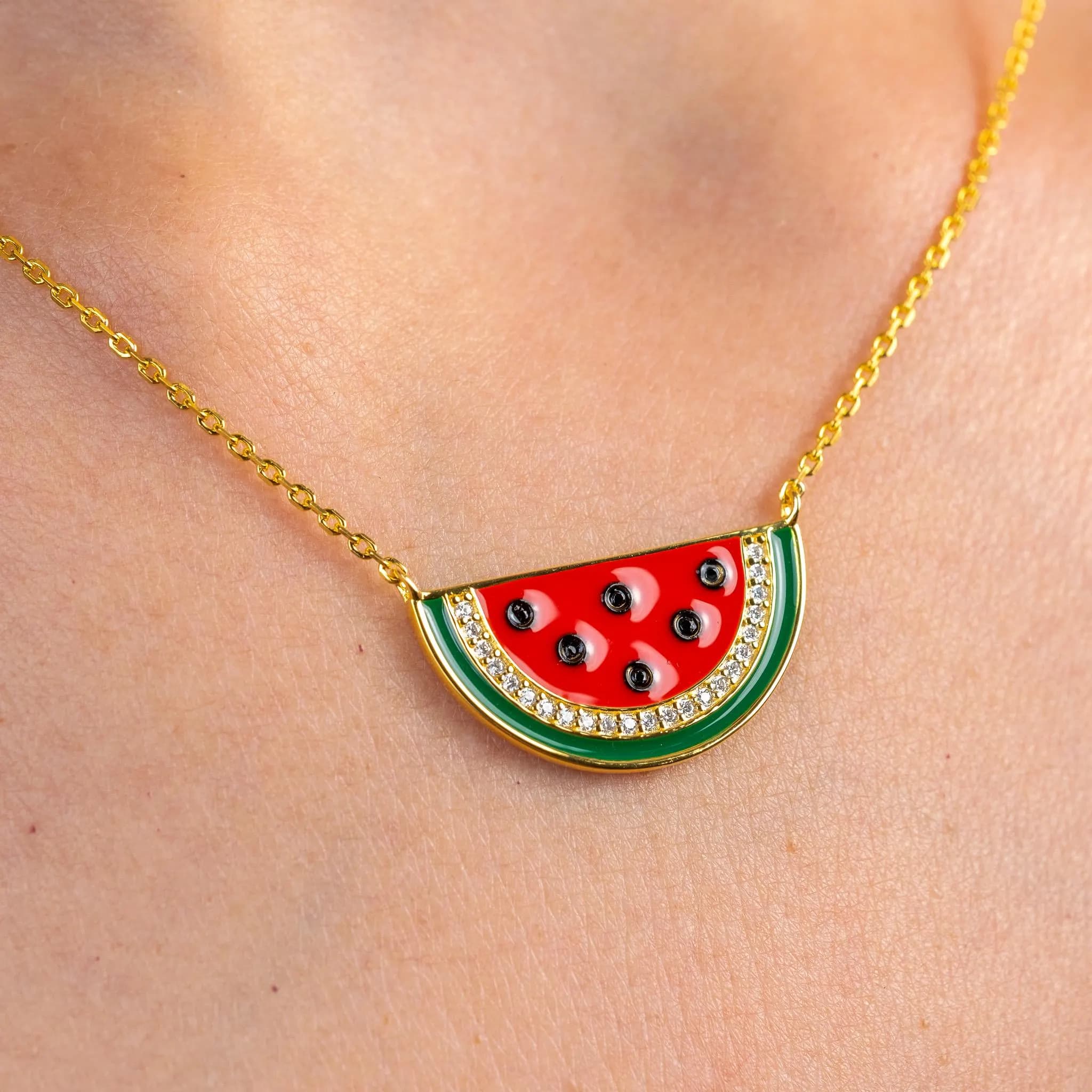 Palestine Watermelon Necklace with Diamonds and Enamel - image 4
