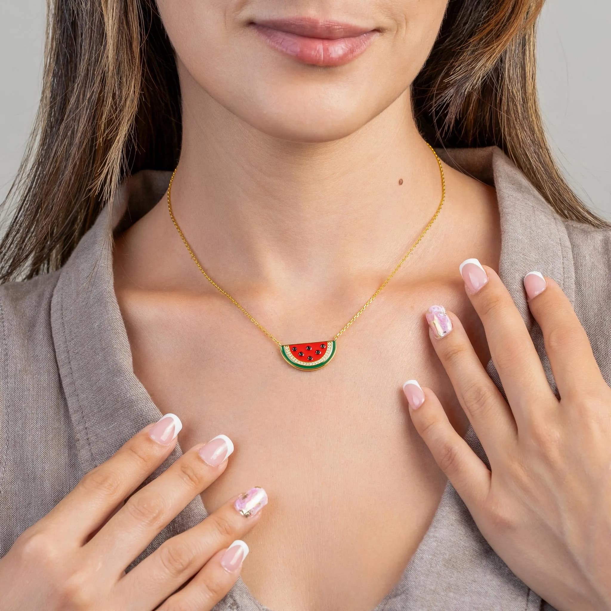 Palestine Watermelon Necklace with Diamonds and Enamel - image 3