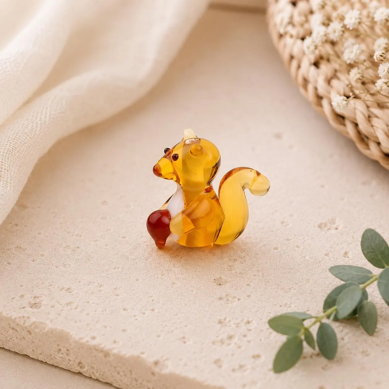 Handmade Lampwork Glass Squirrel Bead with Acorn, Woodland Animal Bead, Forest Critter Charm, Murano Style Glass Bead for Jewelry Making