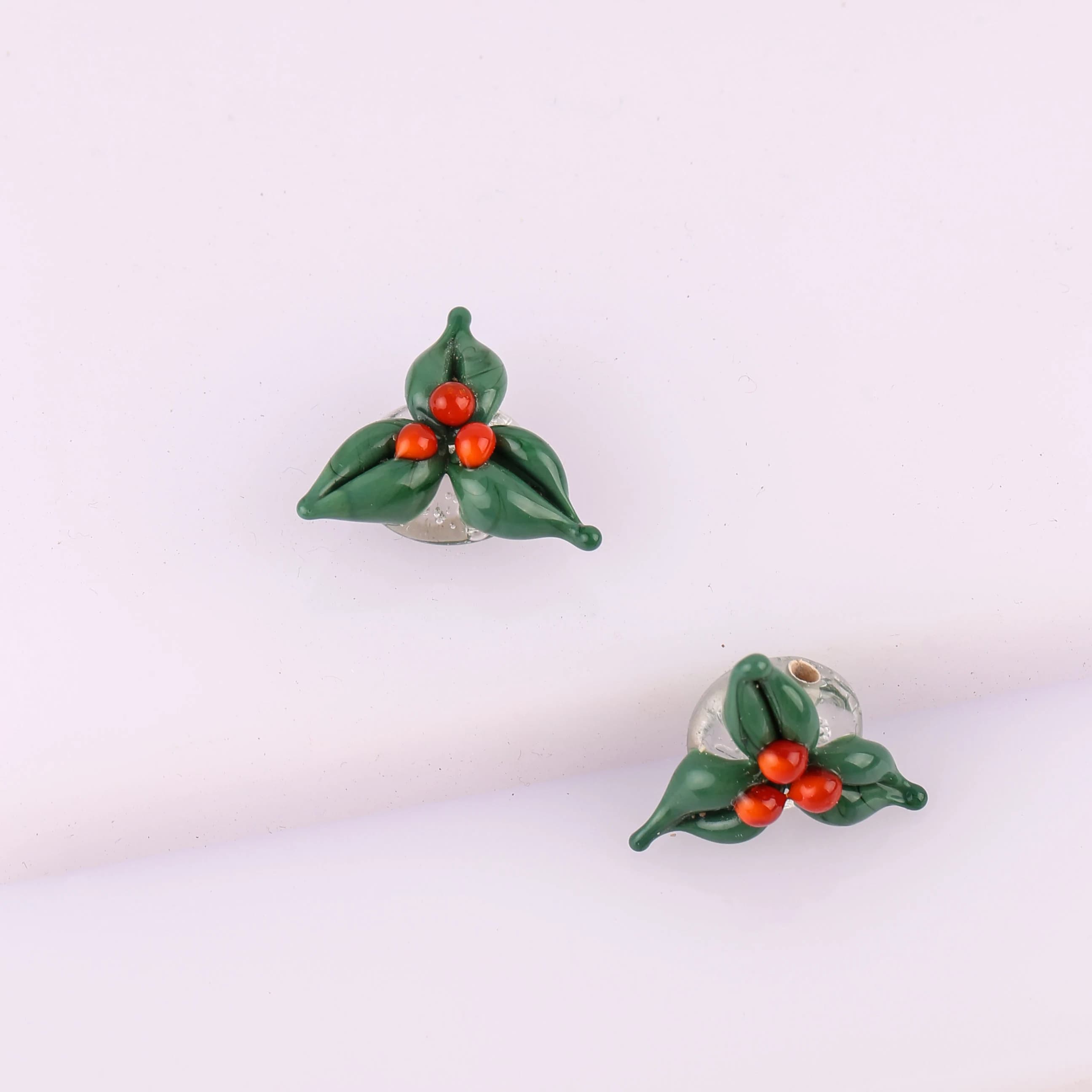 Murano Glass Christmas Holly Charm, Lampwork holly leaf bead, winter charm, holiday spacer charm, bracelet beading supplies, red green bead, - image 3
