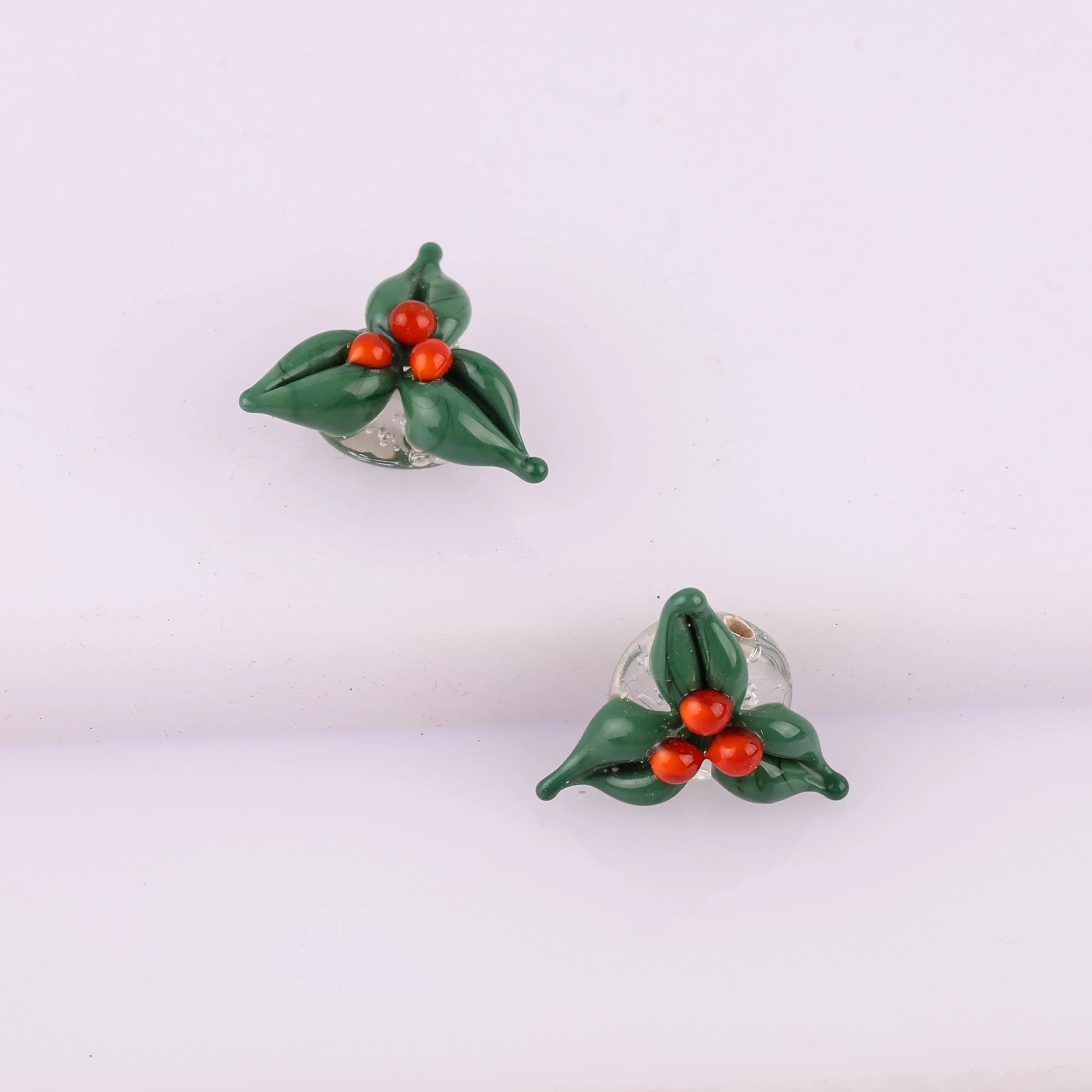 Murano Glass Christmas Holly Charm, Lampwork holly leaf bead, winter charm, holiday spacer charm, bracelet beading supplies, red green bead, - image 4