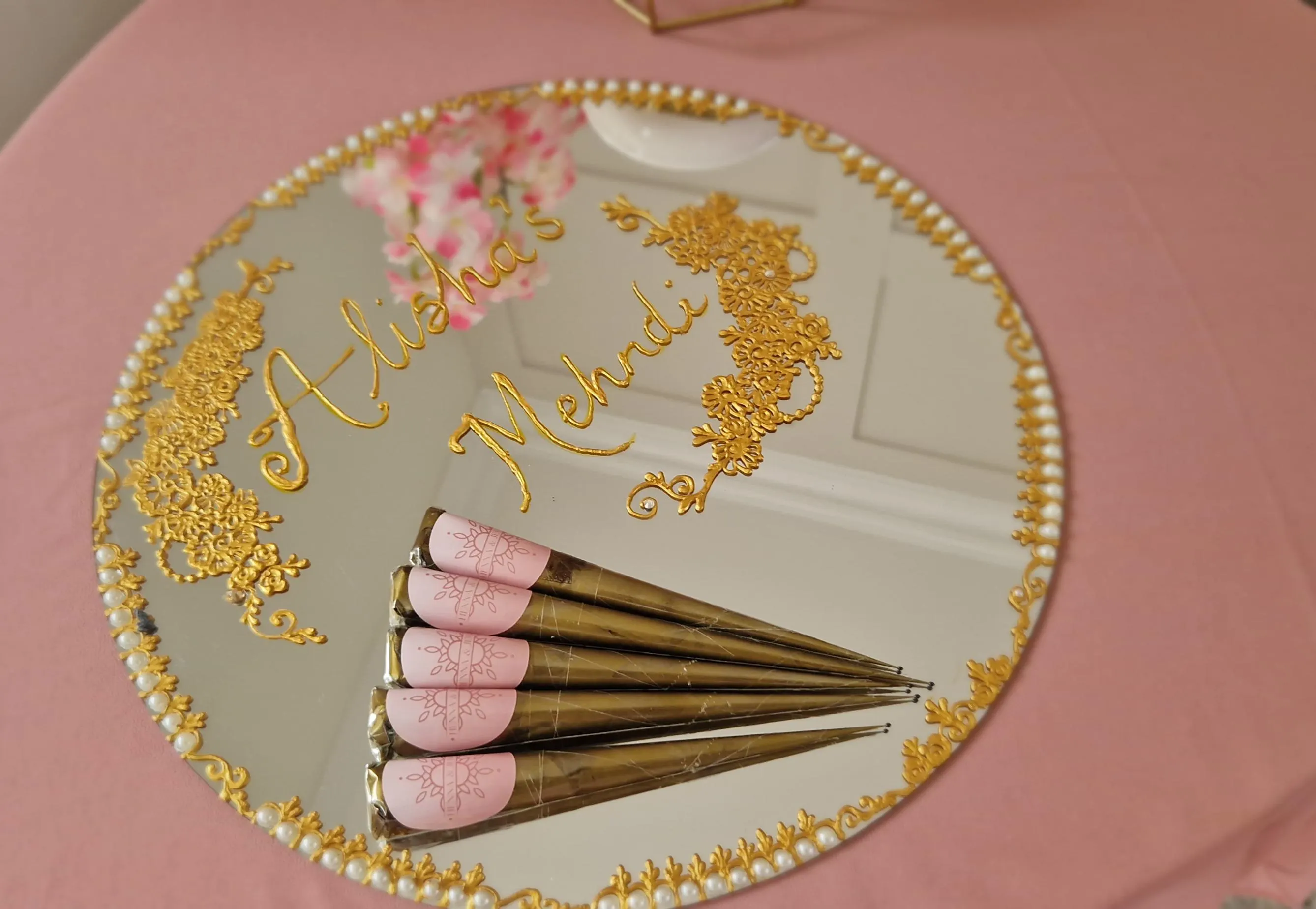 Hand-Painted Pearl Mehndi Tray, Bridal Ceremony Decor, Keepsake Table Centerpiece - image 3