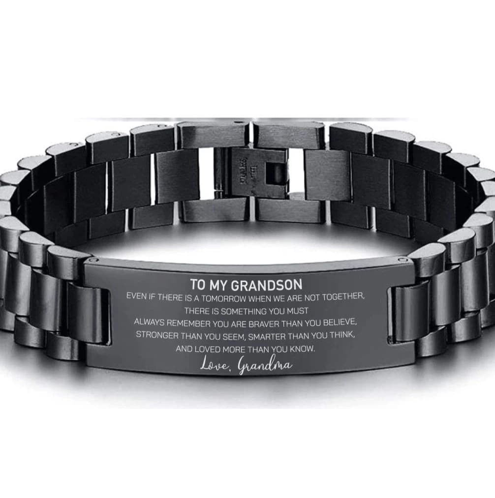 To My Grandson Bracelet Engraved Gift | Braver Than You Believe Message | Personalized Christmas Present from Grandma