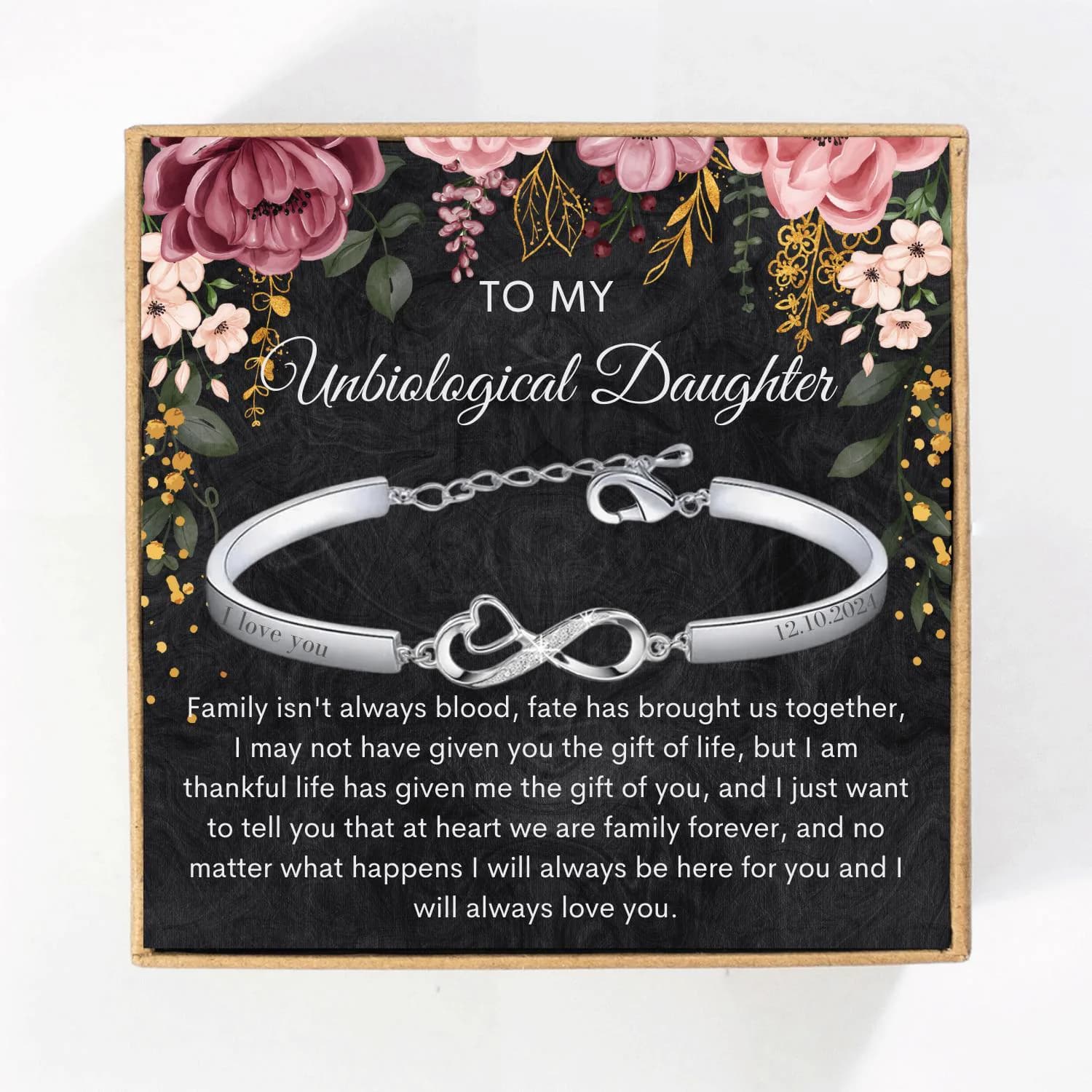 Personalized Unbiological Daughter Bracelet, Christmas Gifts for Unbiological Daughter Custom Engraved Bangle with Name from bonus mom gifts