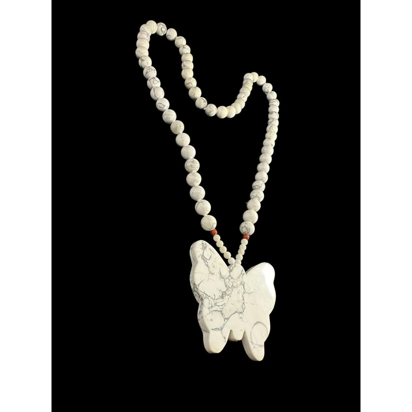 Vintage Hand Knotted White Turquoise Necklace Round Beaded Butterfly Pendant - image 4