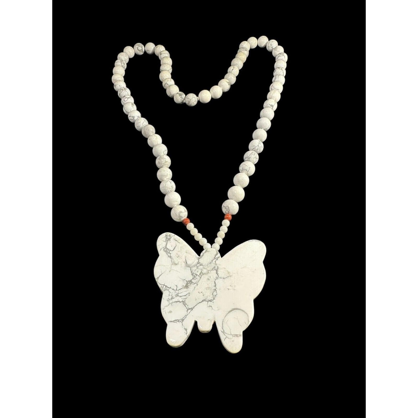 Vintage Hand Knotted White Turquoise Necklace Round Beaded Butterfly Pendant - image 3