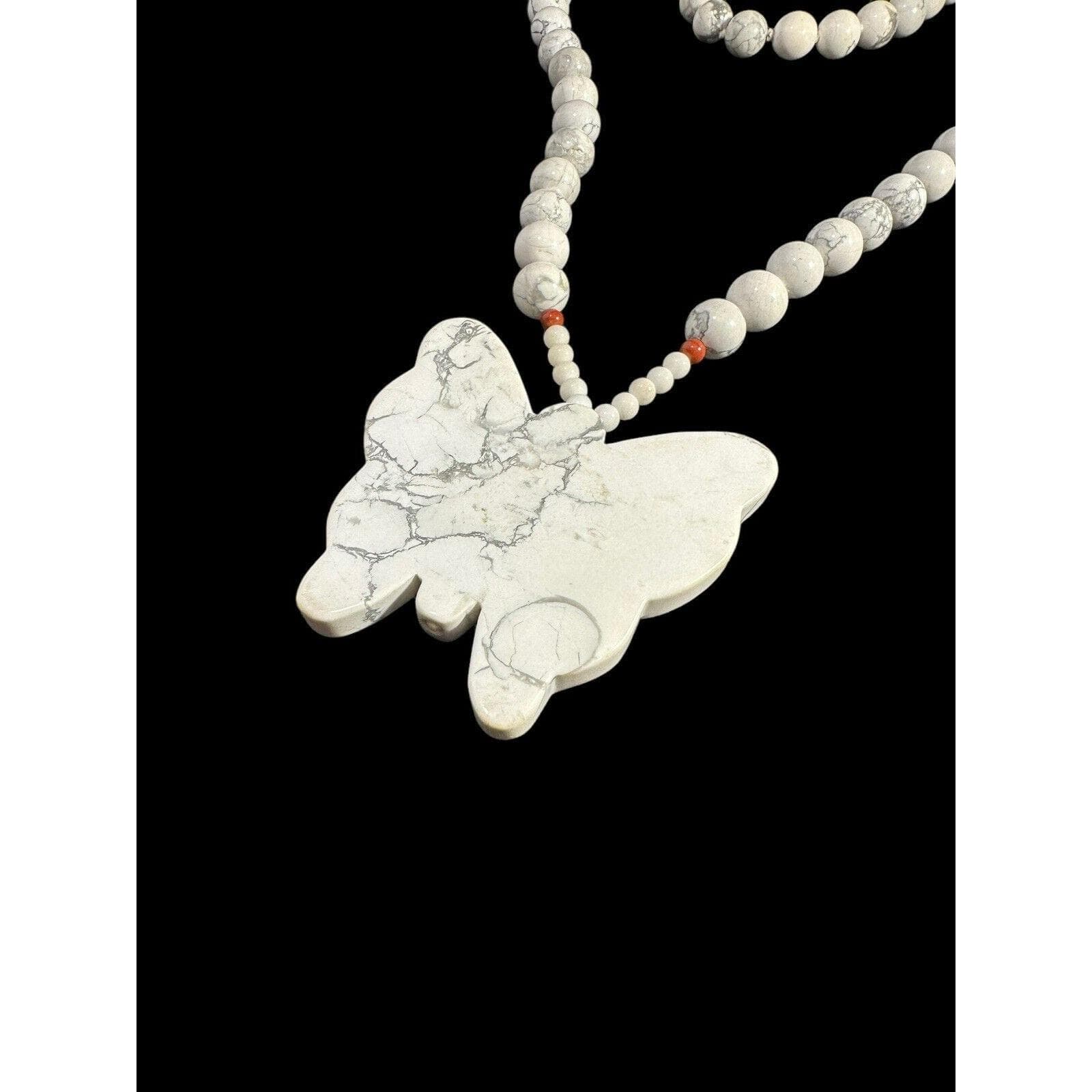 Vintage Hand Knotted White Turquoise Necklace Round Beaded Butterfly Pendant - image 5