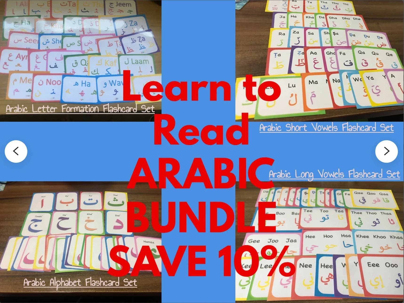 Learn to Read Arabic BUNDLE! SAVE 10% 4 Packs of Arabic Flashcards; Long Vowels, Short Vowels, Alphabet, Letter formation,