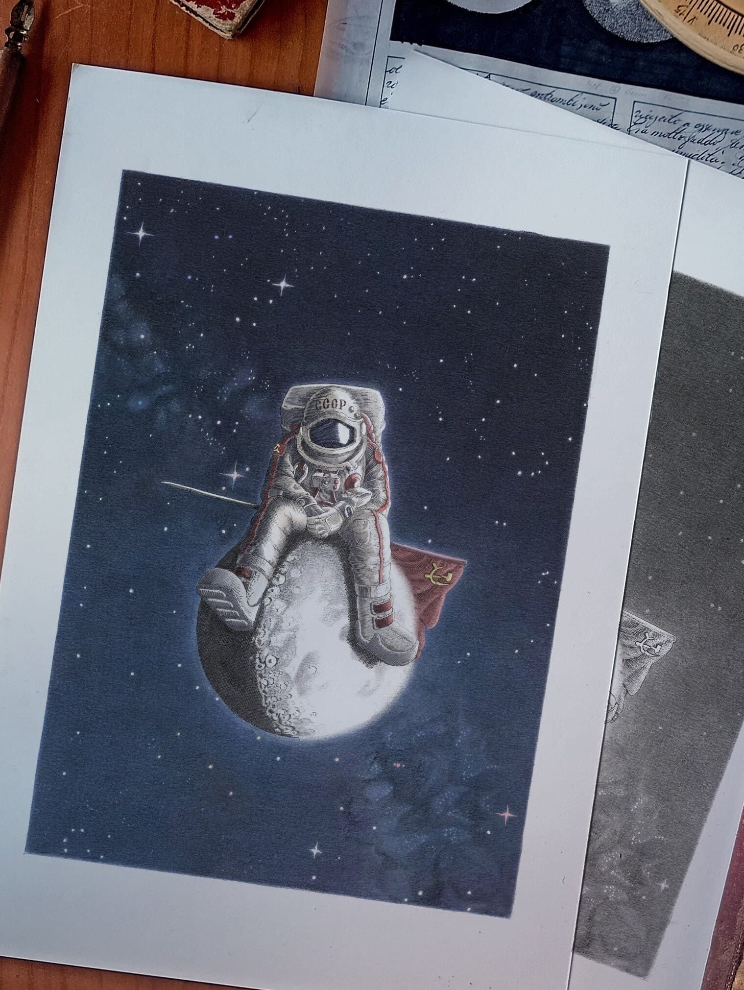 The lonely cosmonaut - Author print, colour or black and white, Poster, A5, A4, A3, A2 Art Print, Crosshatch, Present idea. - image 2