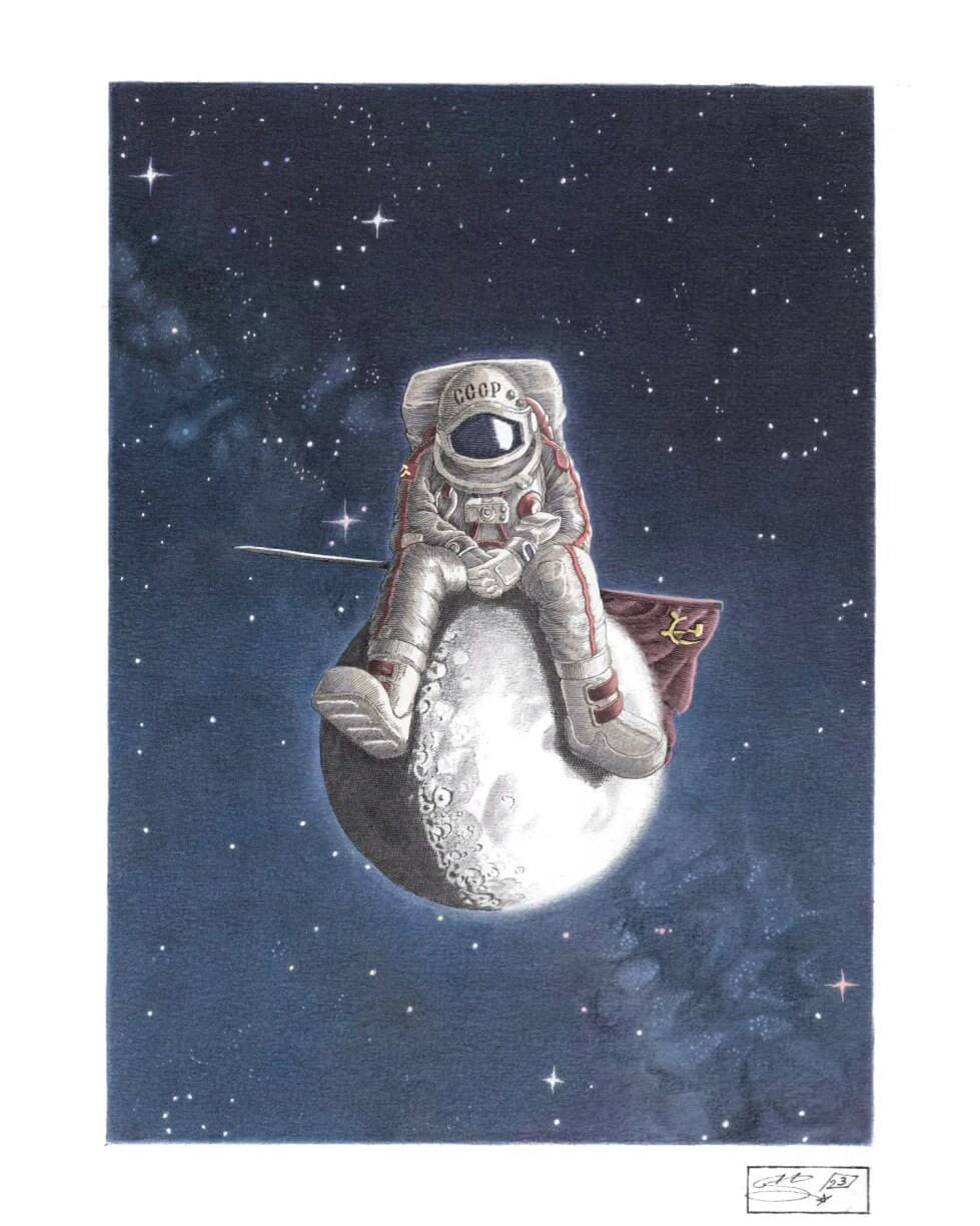 The lonely cosmonaut - Author print, colour or black and white, Poster, A5, A4, A3, A2 Art Print, Crosshatch, Present idea. - image 3